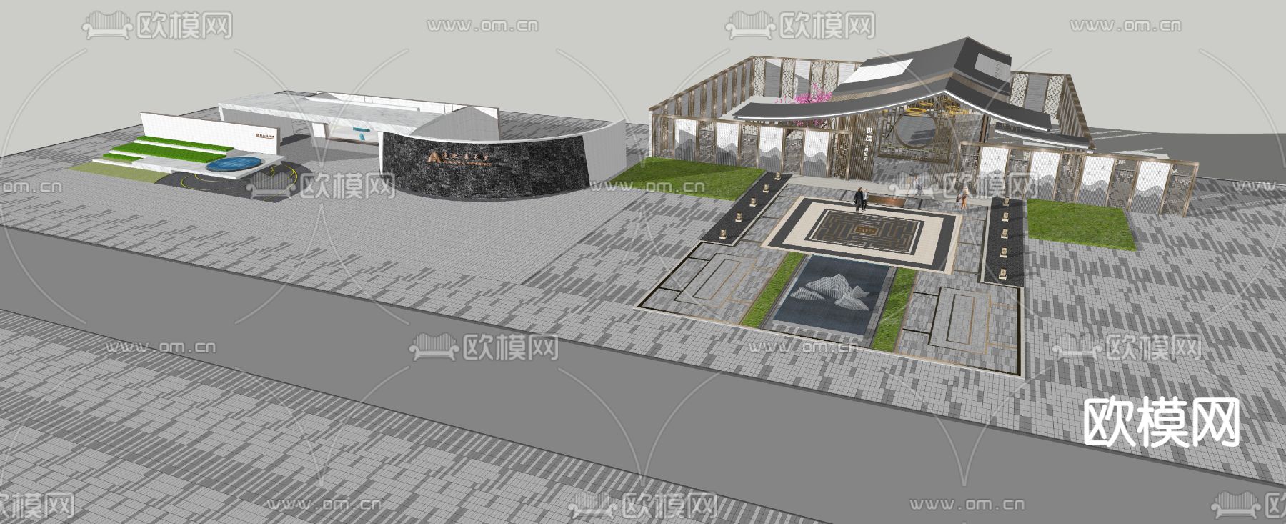 新中式小区入口门楼su模型下载（渲染图2）