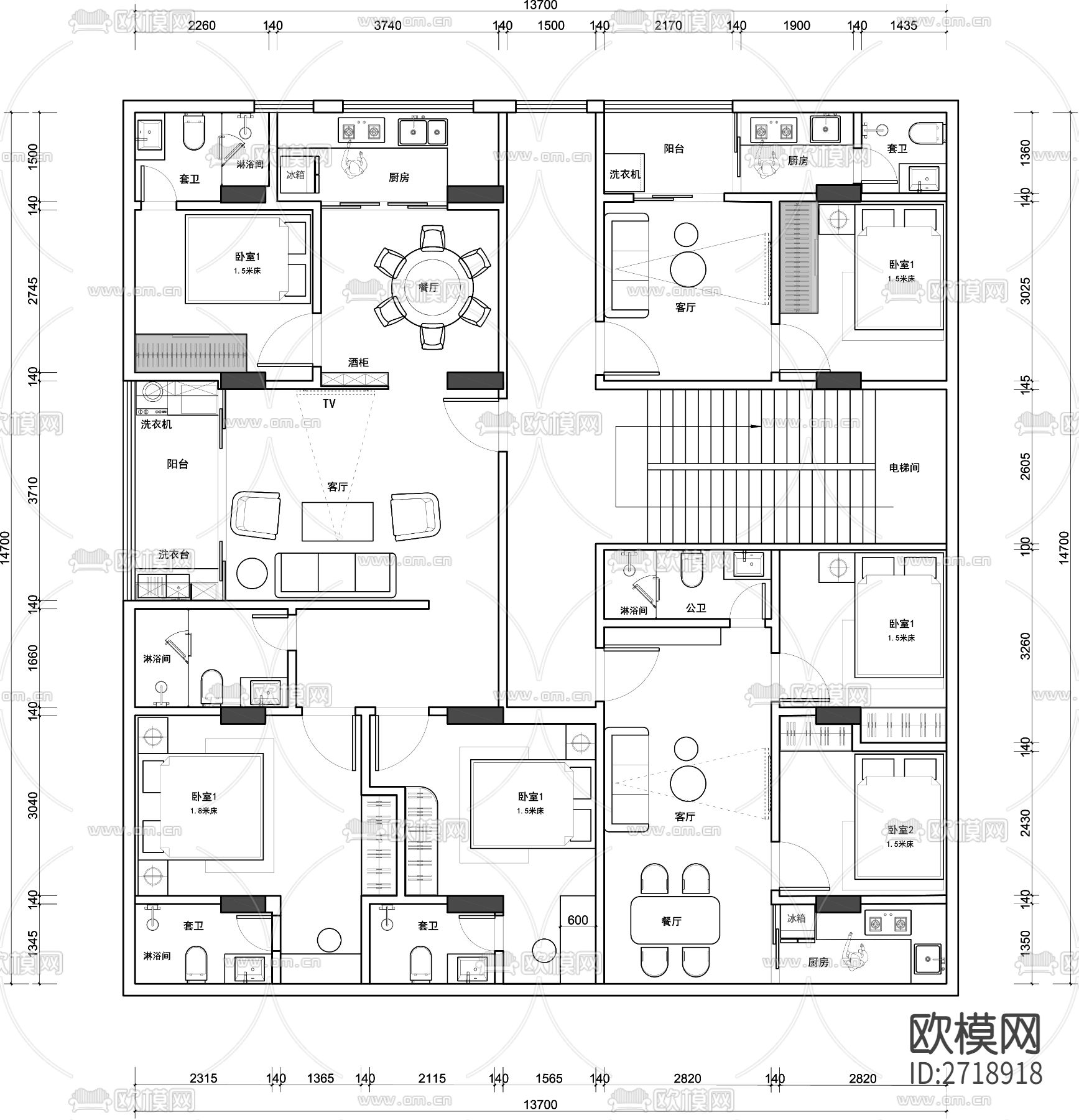 公寓cad平面图下载（渲染图2）