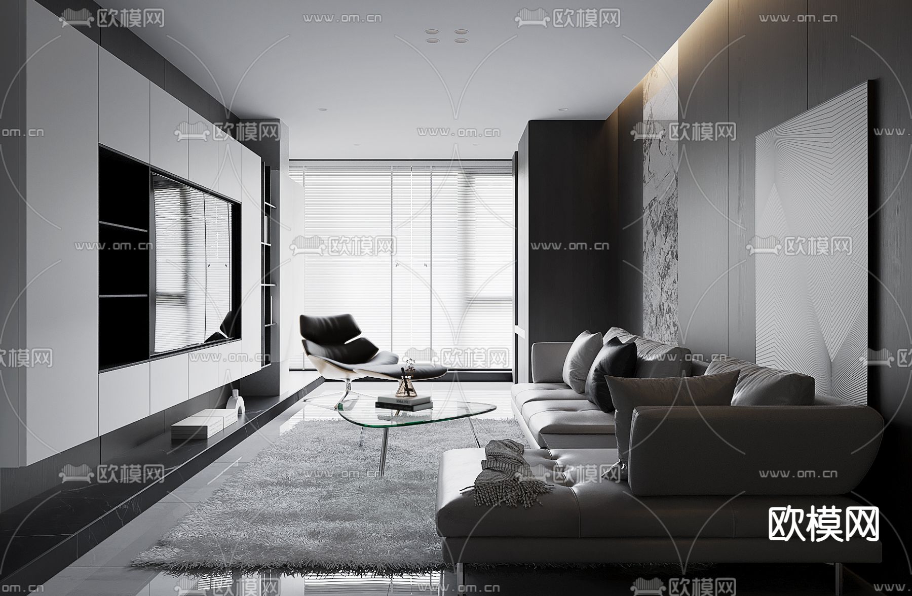 高级灰客厅3d模型下载