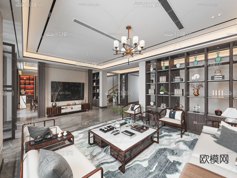 中式客厅 餐厅3d模型下载(渲染图2)