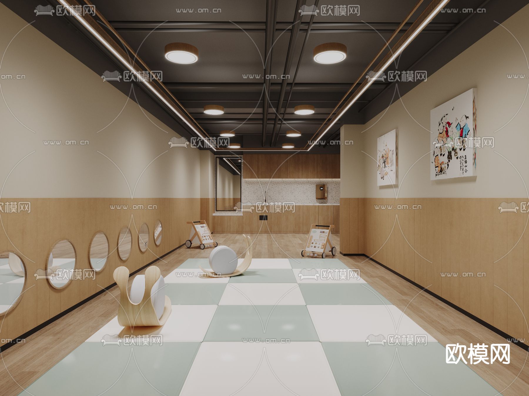 新中式幼儿园 书法教室3d模型下载（渲染图3）