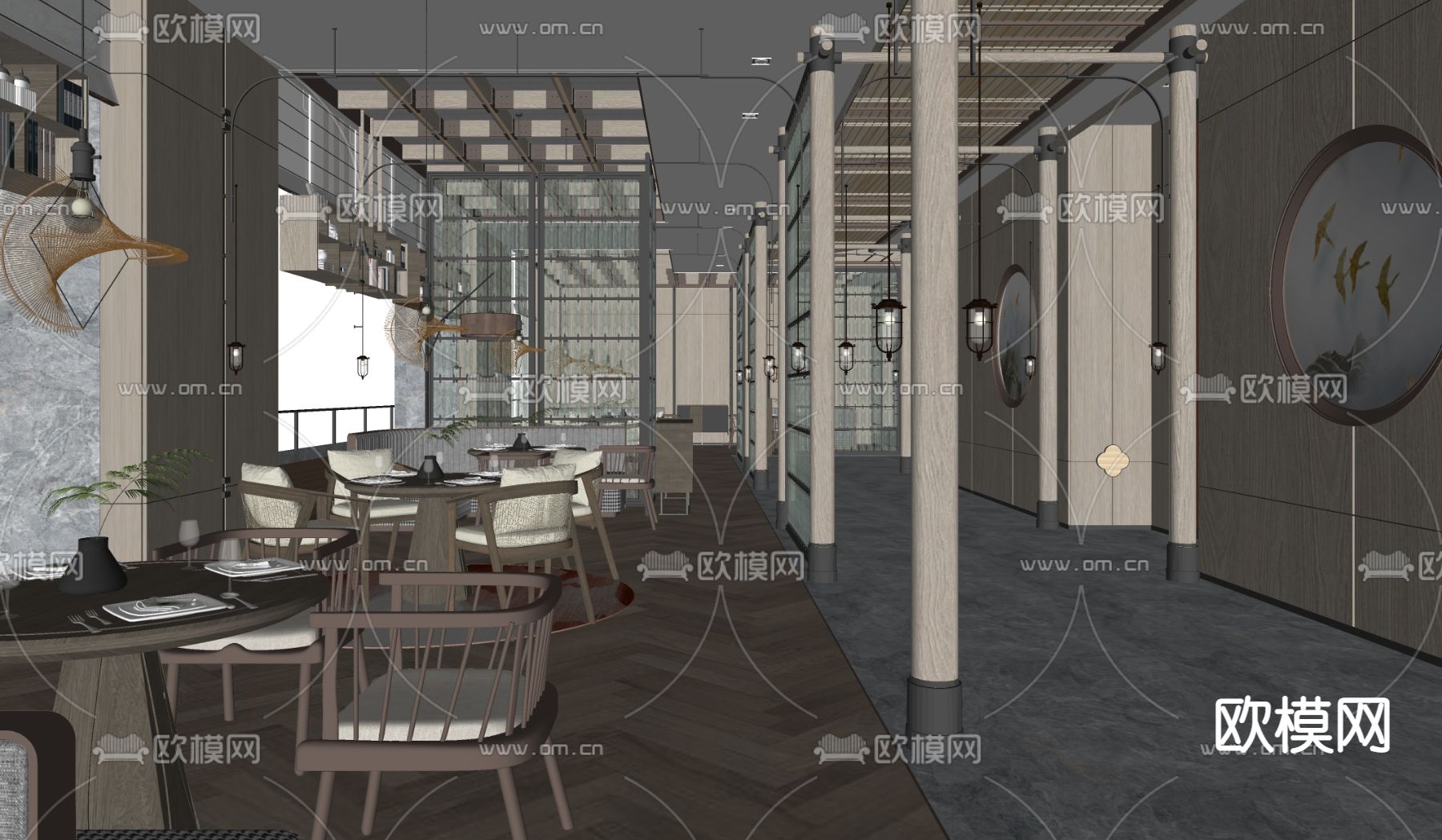 新中式酒店餐厅su模型下载（渲染图2）