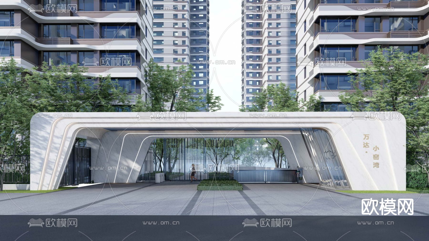 现代小区入口门楼su模型下载（渲染图1）