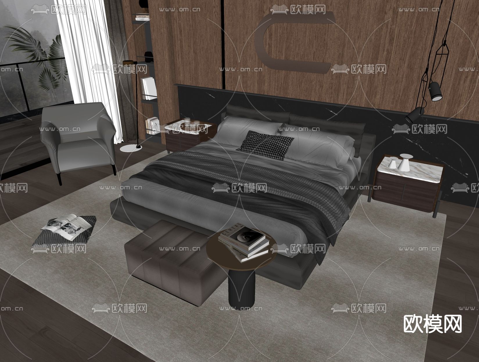 Minotti 布艺双人床su模型下载（渲染图2）