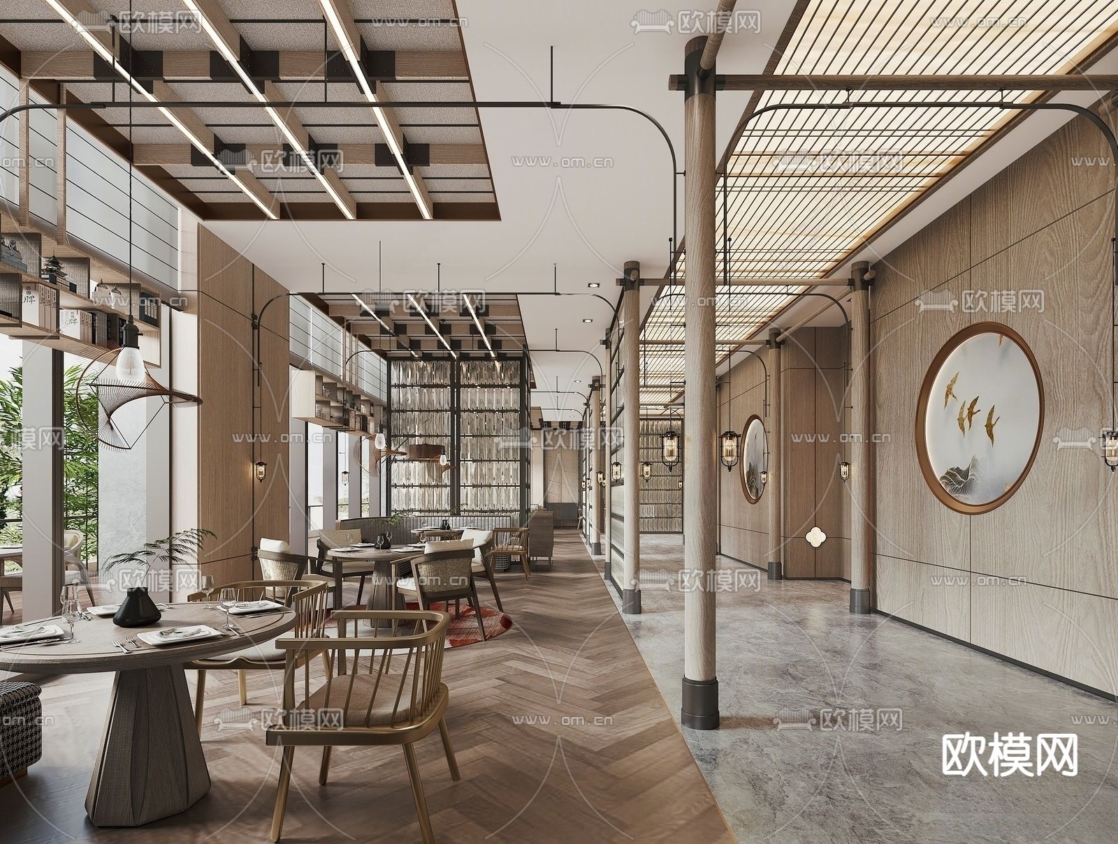 新中式酒店餐厅su模型下载（渲染图1）