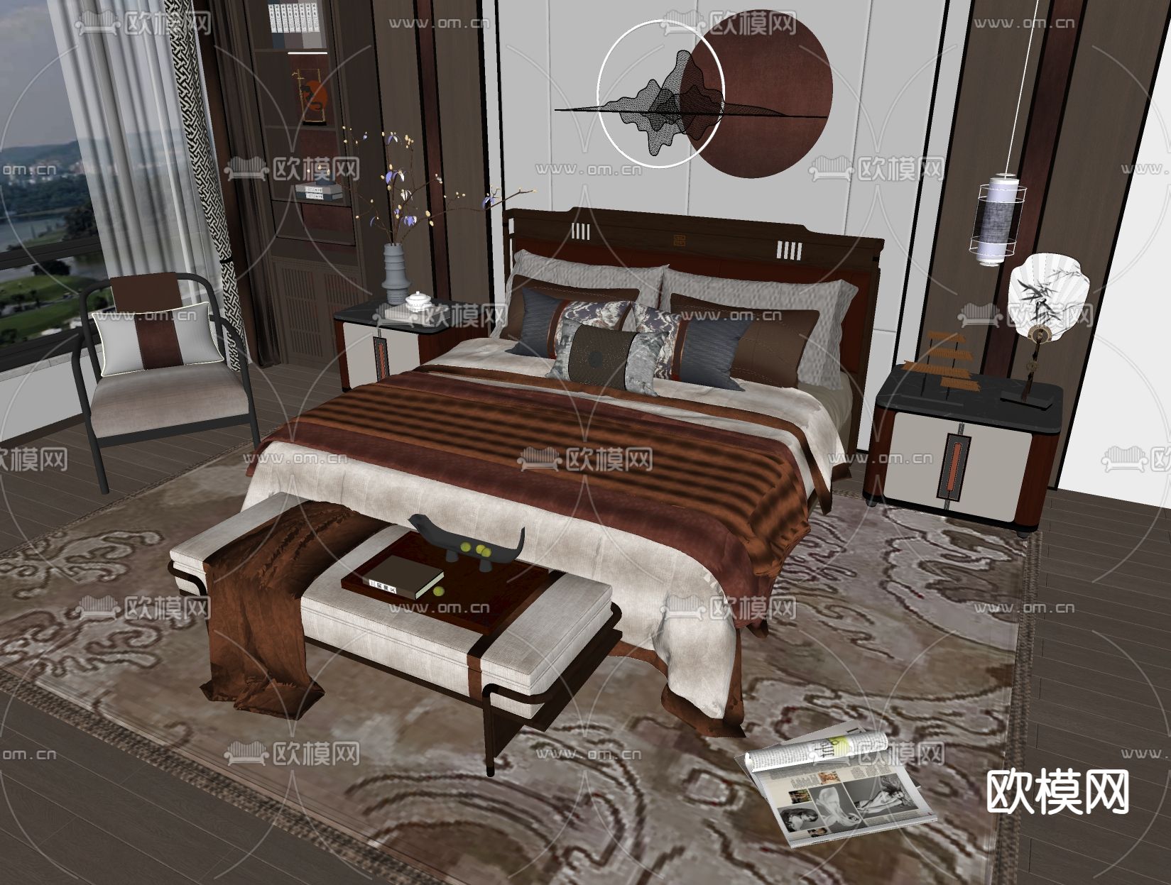 新中式双人床su模型下载（渲染图2）
