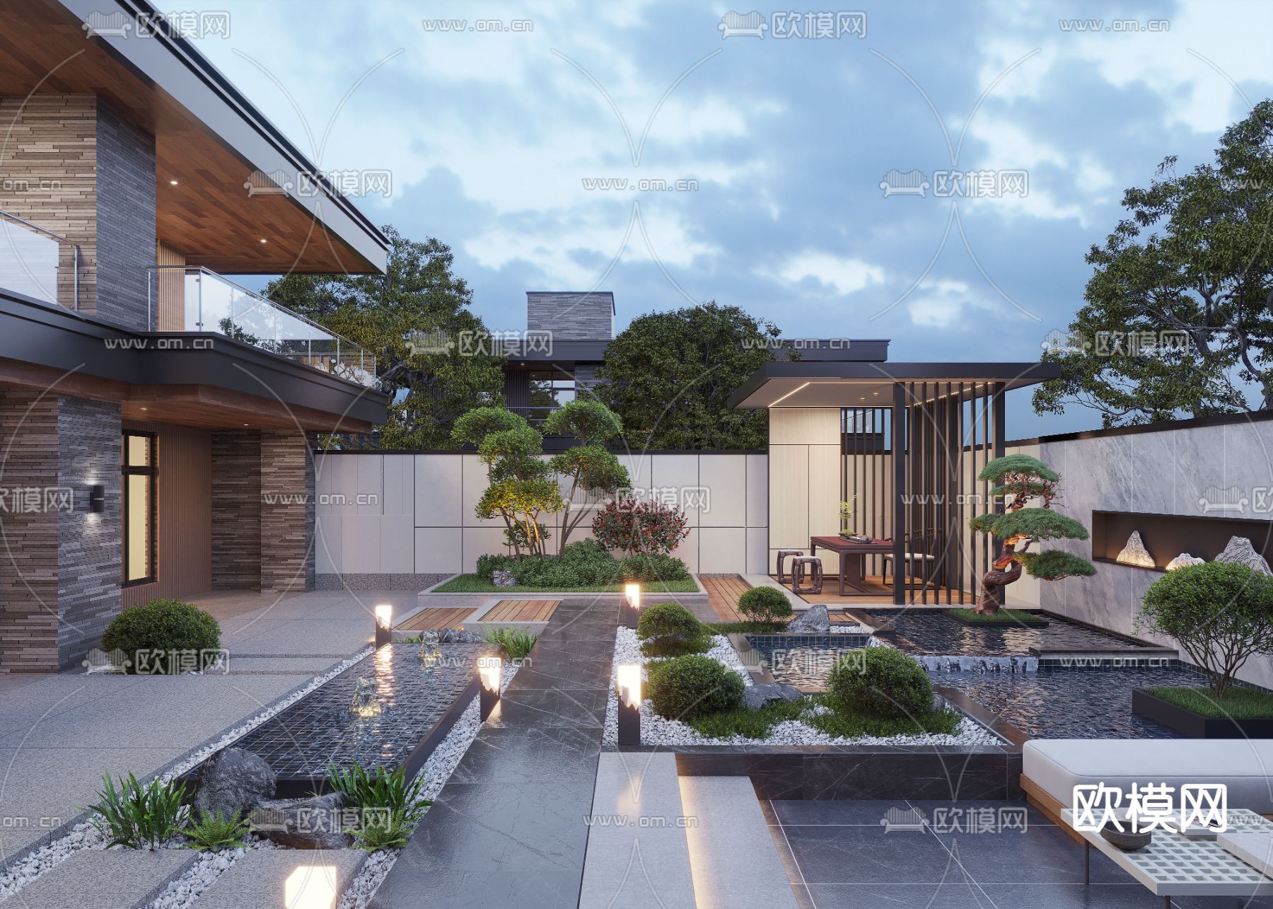 别墅庭院 花园 喷泉3d模型下载（渲染图1）