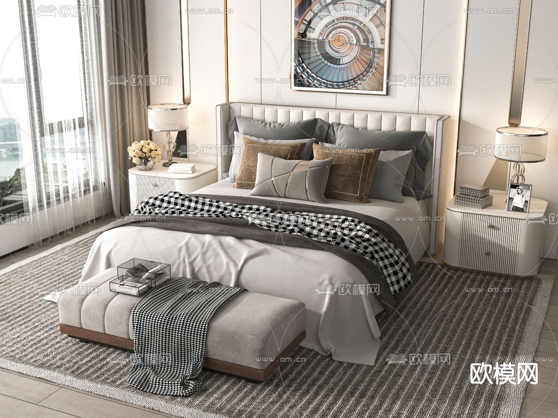 轻奢双人床su模型下载（渲染图1）