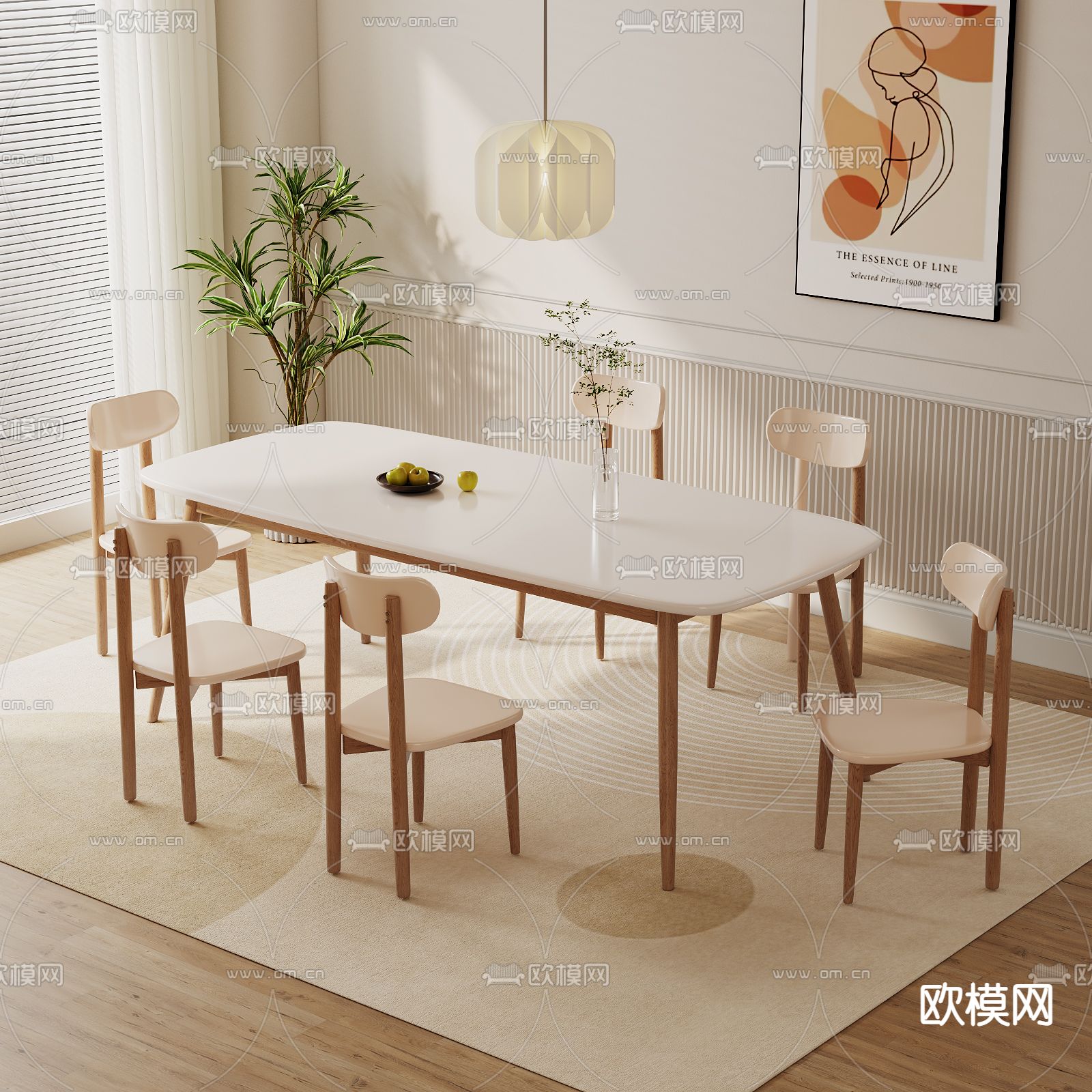 奶油风餐桌椅3d模型下载（渲染图1）