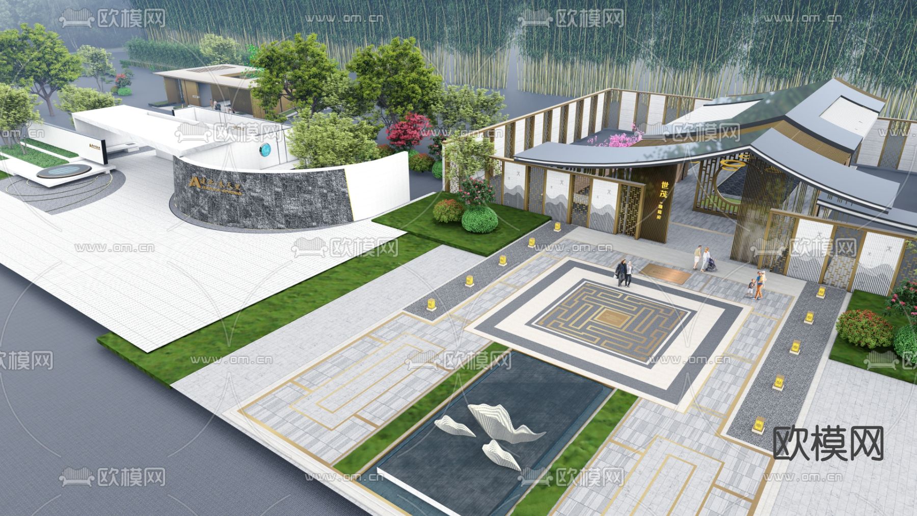 新中式小区入口门楼su模型下载（渲染图3）