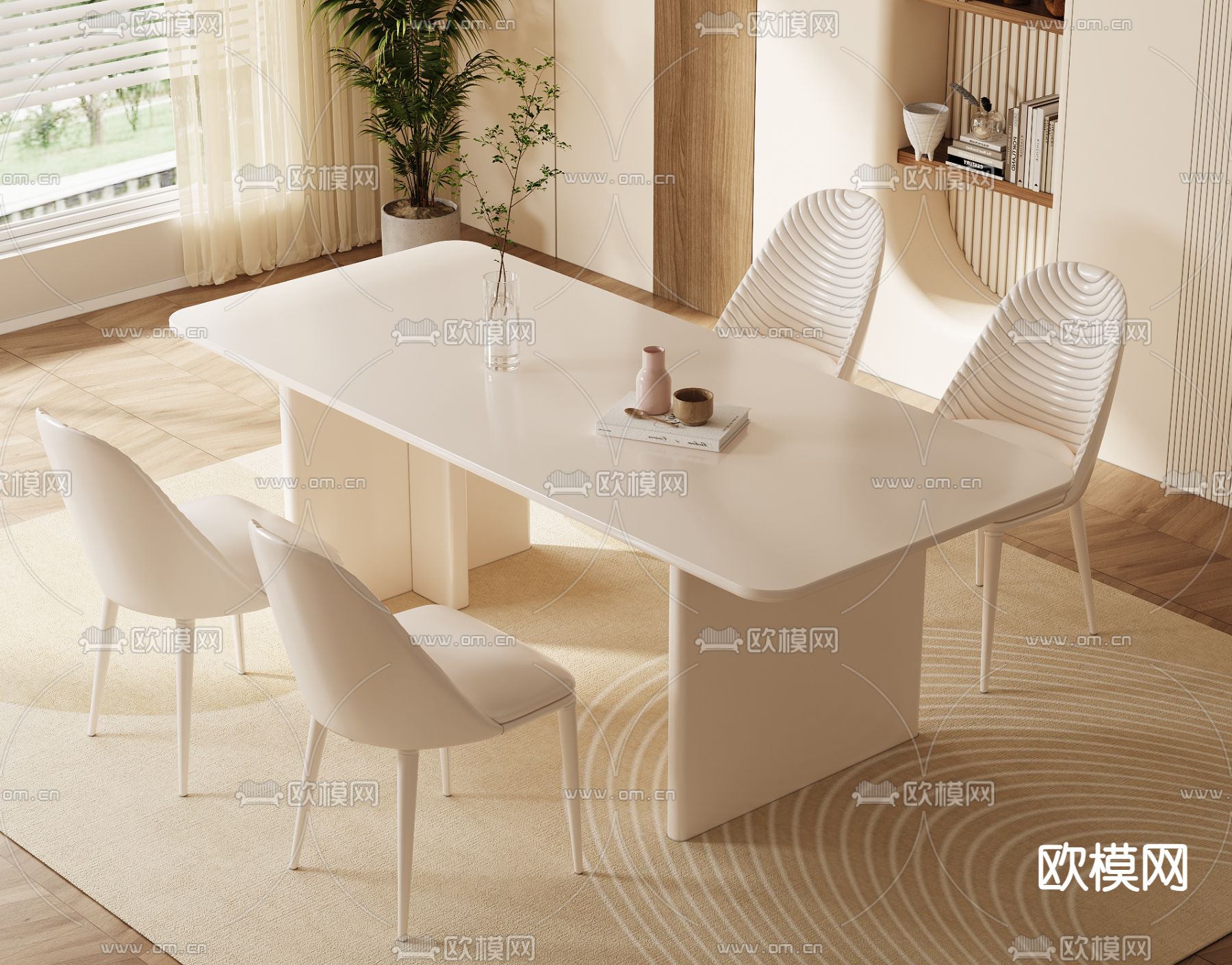 奶油风餐桌椅3d模型下载（渲染图1）