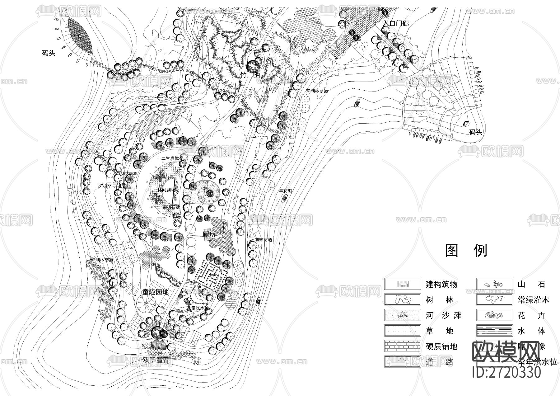 天池湖月亮岛公园cad施工图下载（渲染图2）