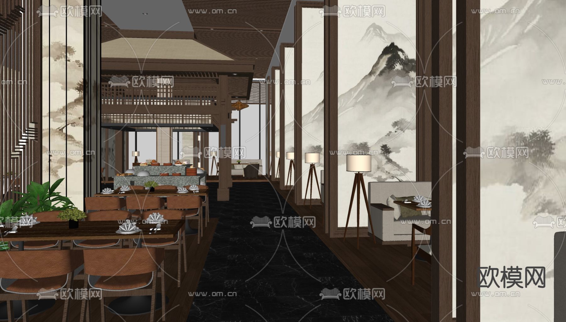 新中式中餐厅su模型下载（渲染图2）