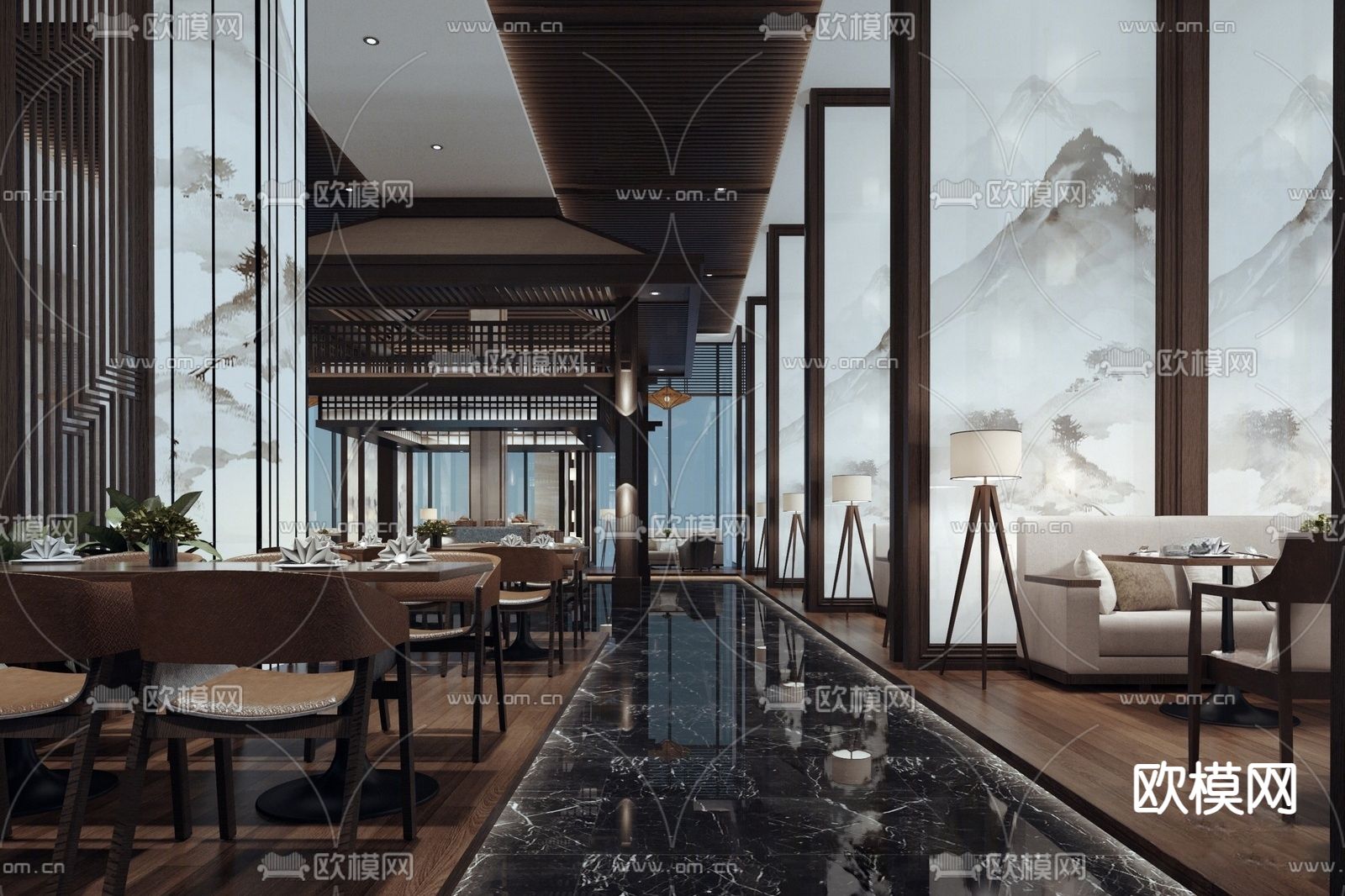 新中式中餐厅su模型下载（渲染图1）