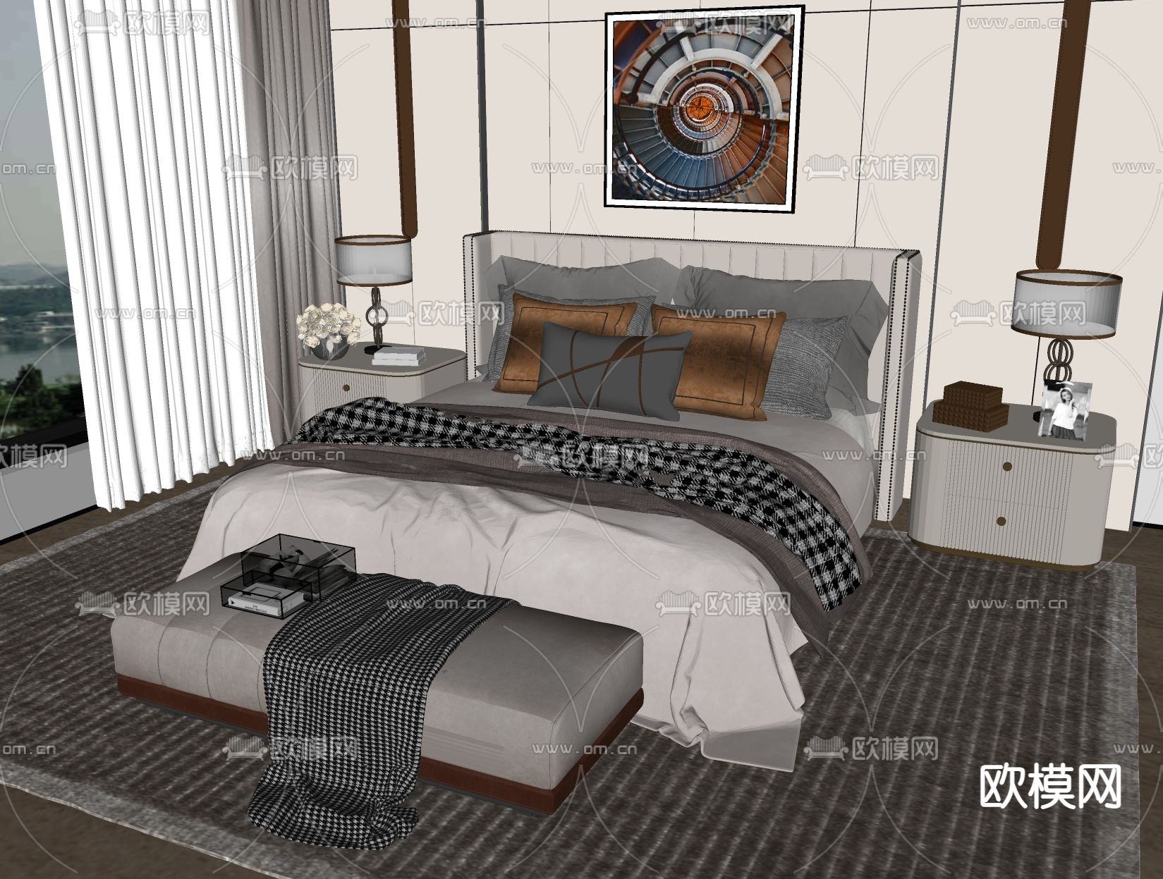 轻奢双人床su模型下载（渲染图2）