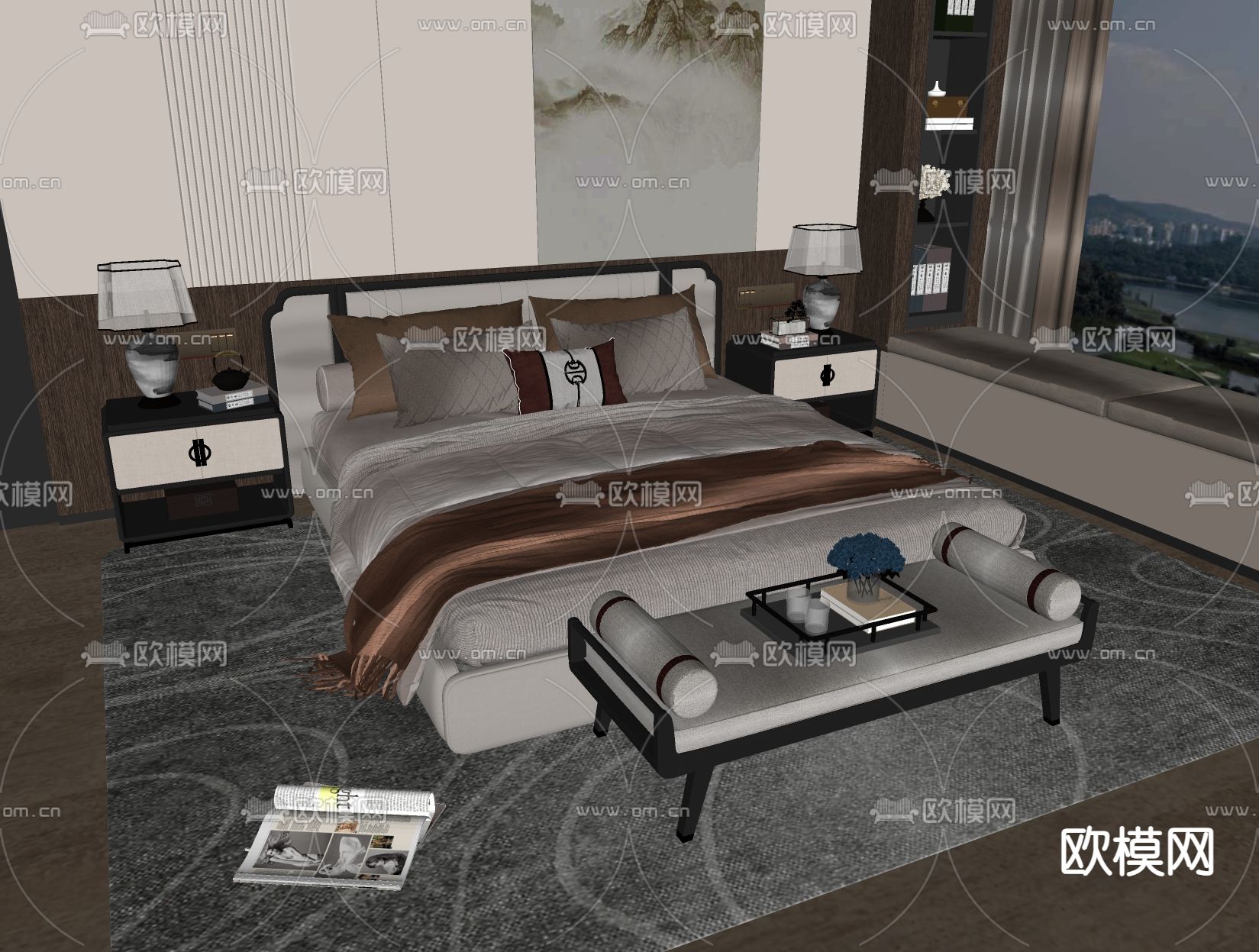 新中式双人床su模型下载（渲染图2）