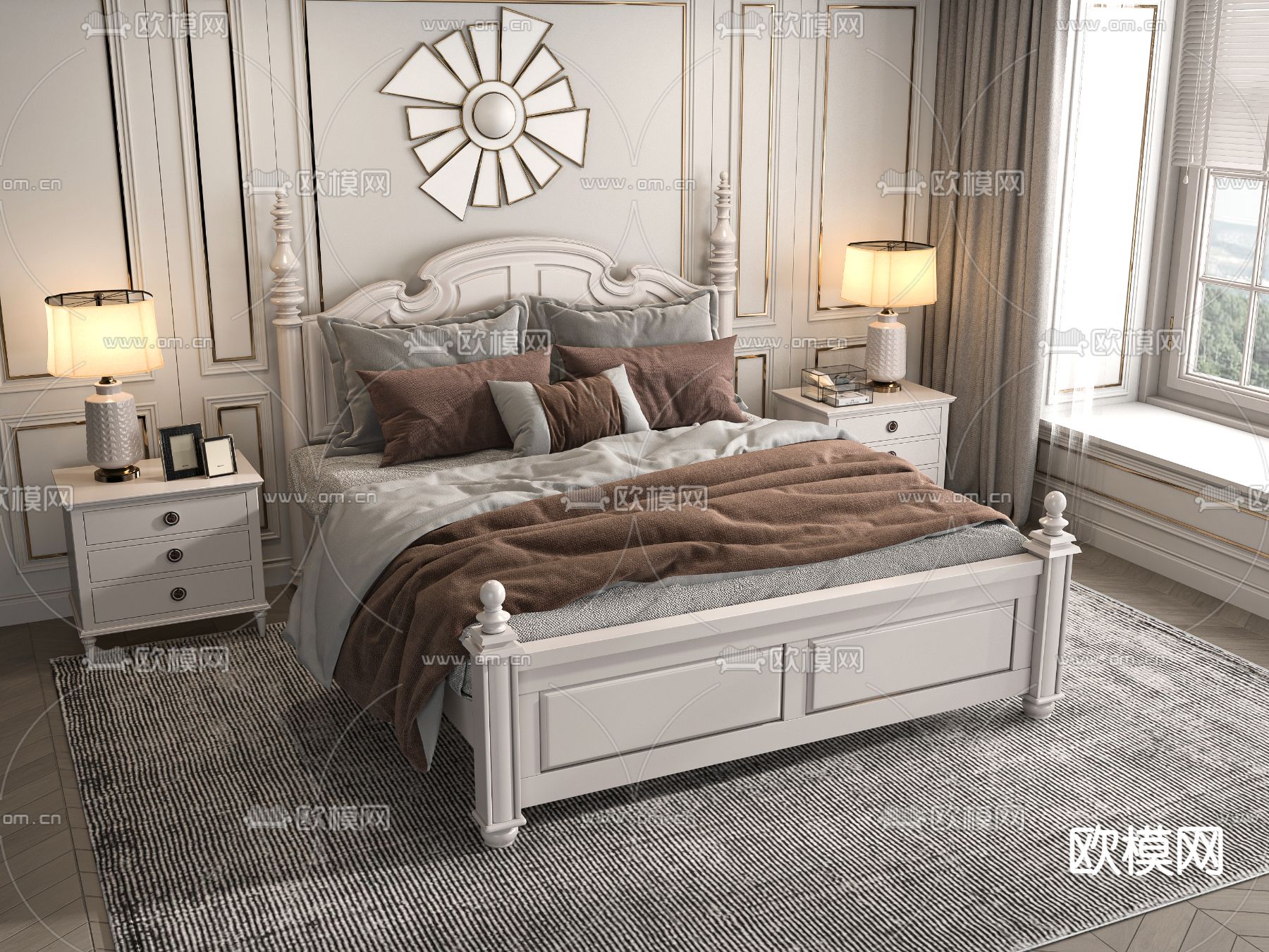 美式双人床su模型下载（渲染图1）