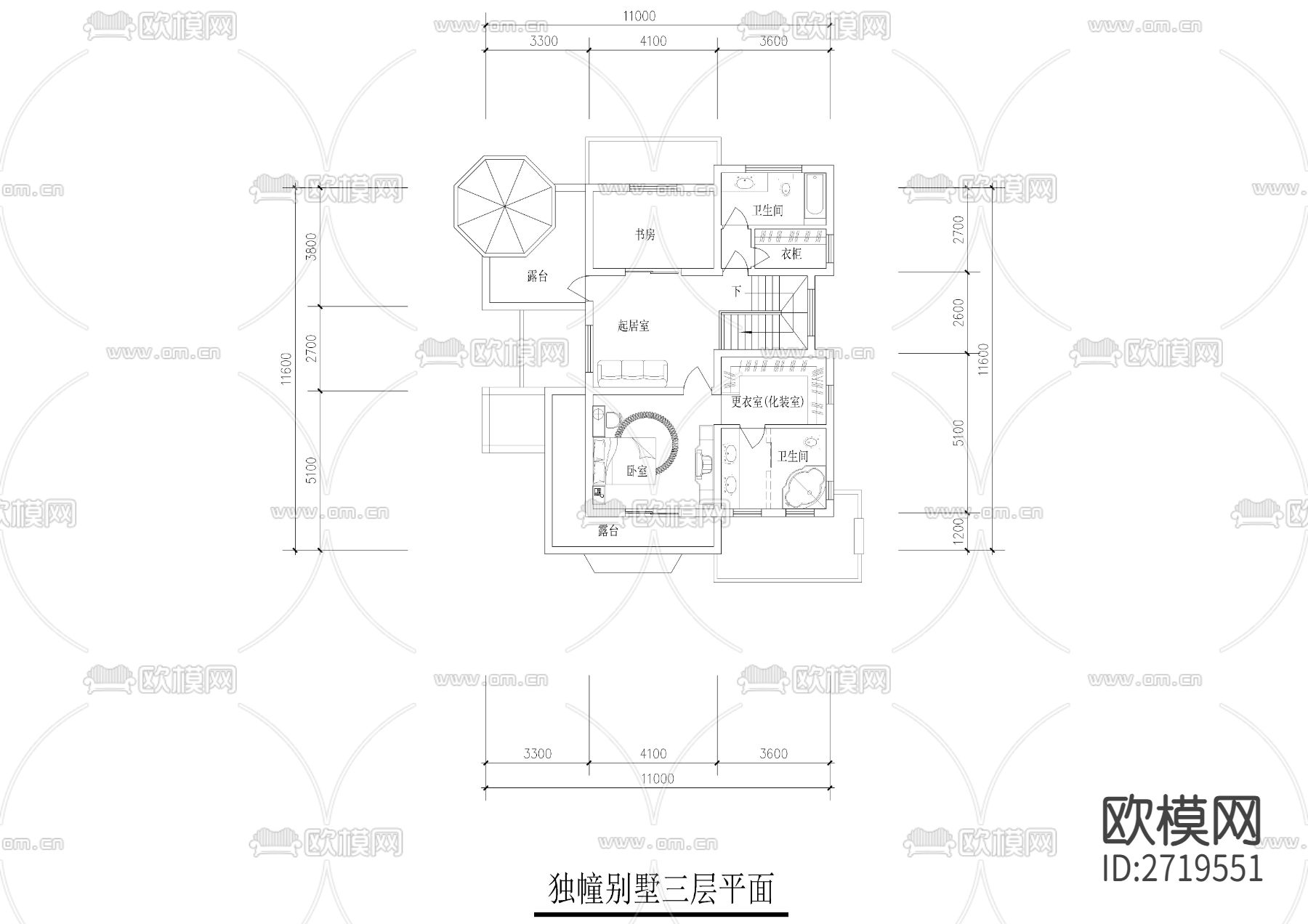 自建别墅cad平面图下载（渲染图3）