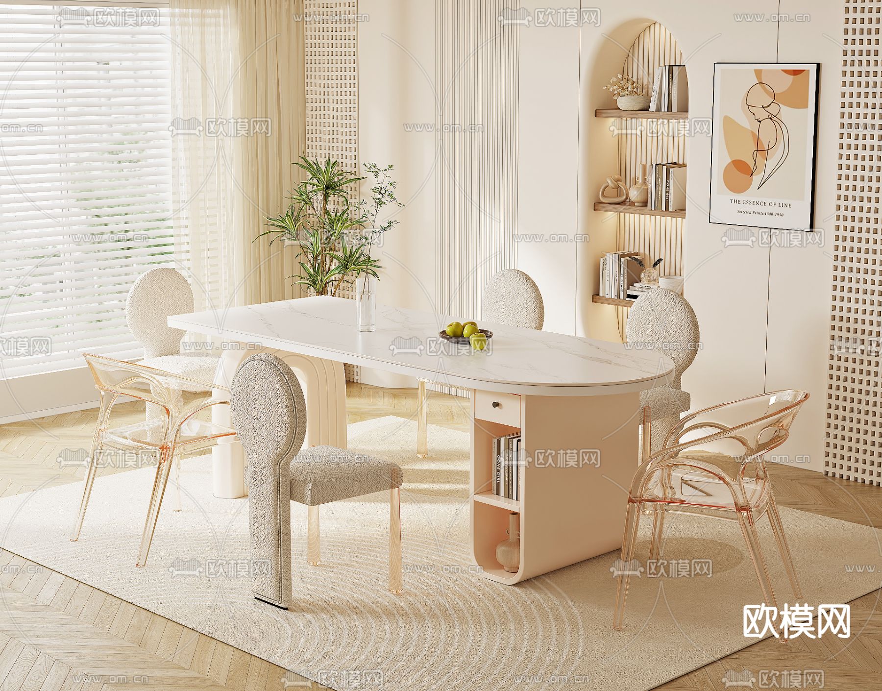 奶油风餐桌椅3d模型下载（渲染图1）