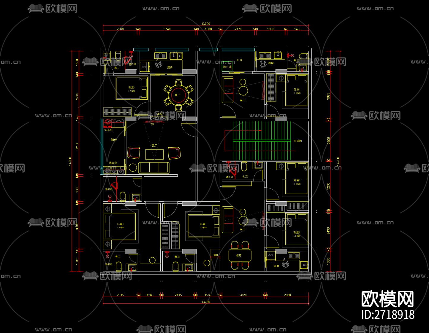 公寓cad平面图下载（渲染图1）