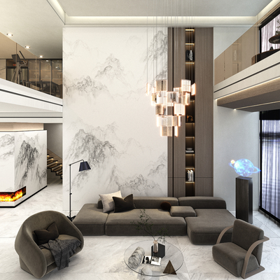  现代别墅客厅su模型 