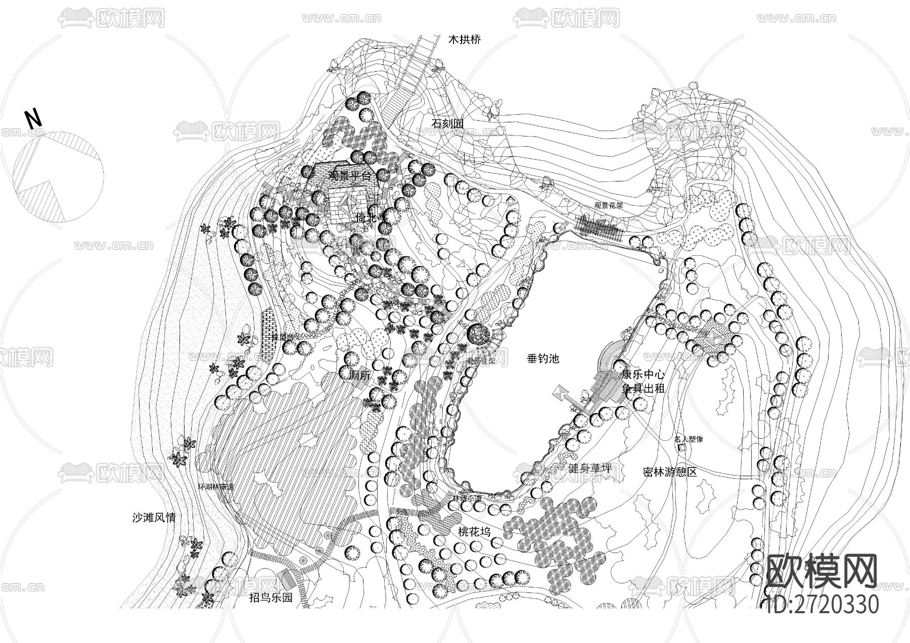 天池湖月亮岛公园cad施工图下载（渲染图3）