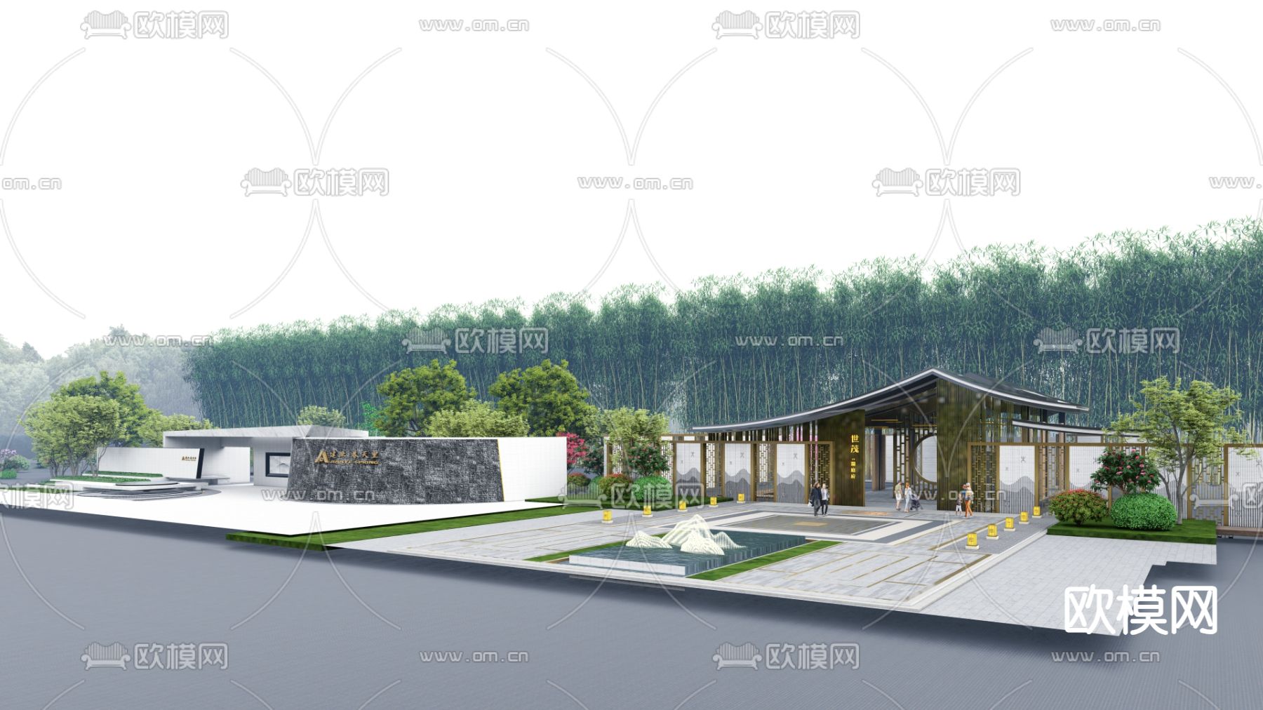 新中式小区入口门楼su模型下载（渲染图1）