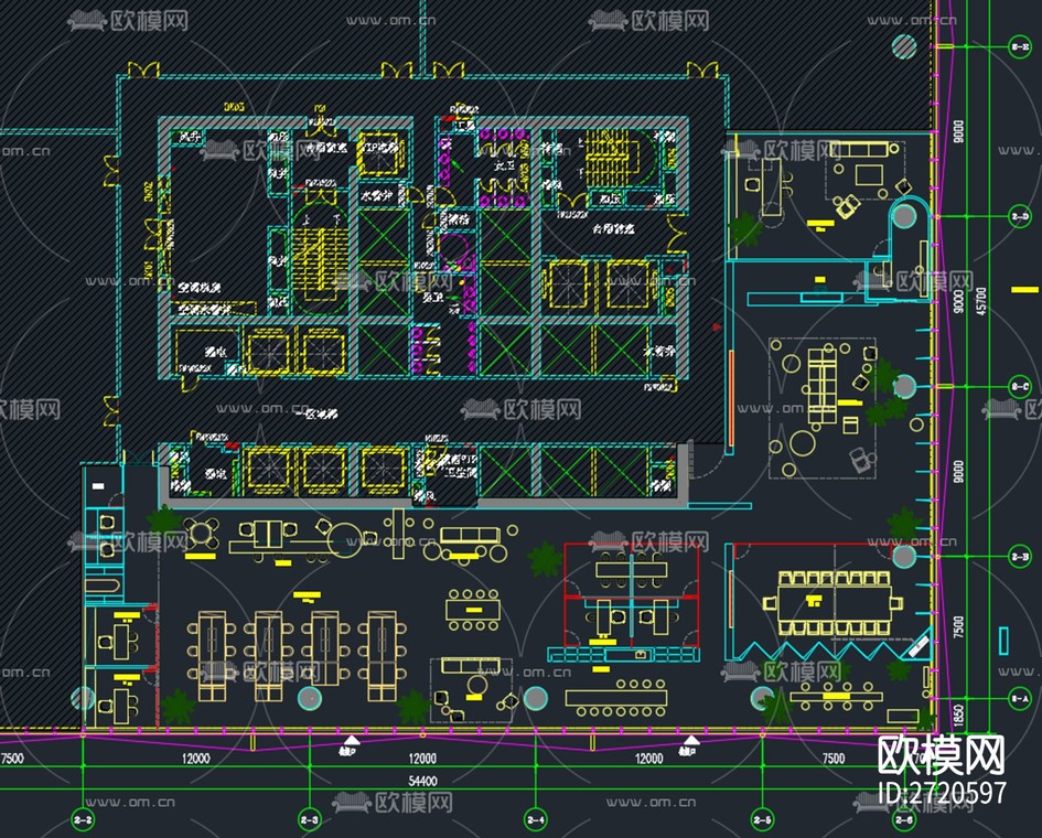 850m² 共享办公空间CAD施工图-免费3dmax模型库-欧模网