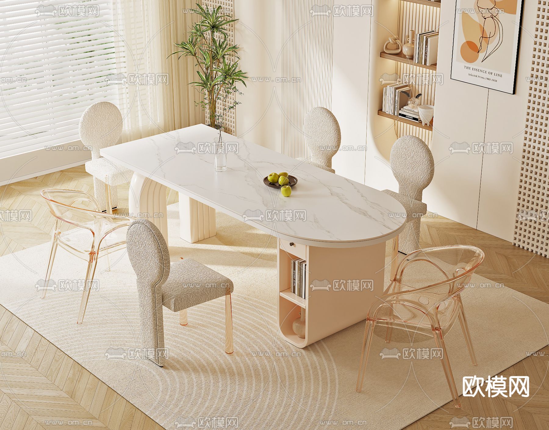 奶油风餐桌椅3d模型下载（渲染图2）
