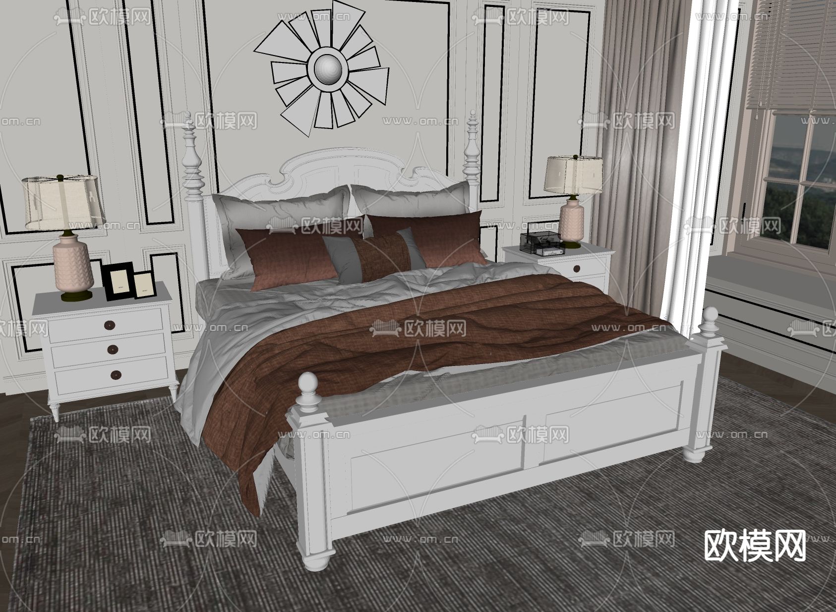 美式双人床su模型下载（渲染图2）