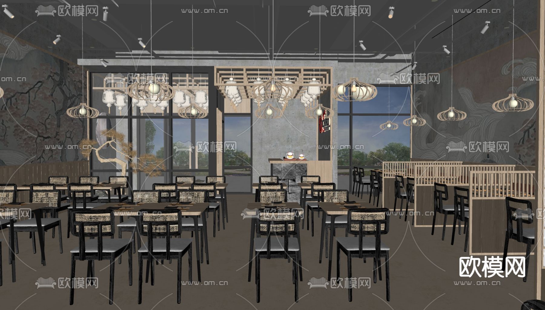 新中式中餐厅su模型下载（渲染图2）