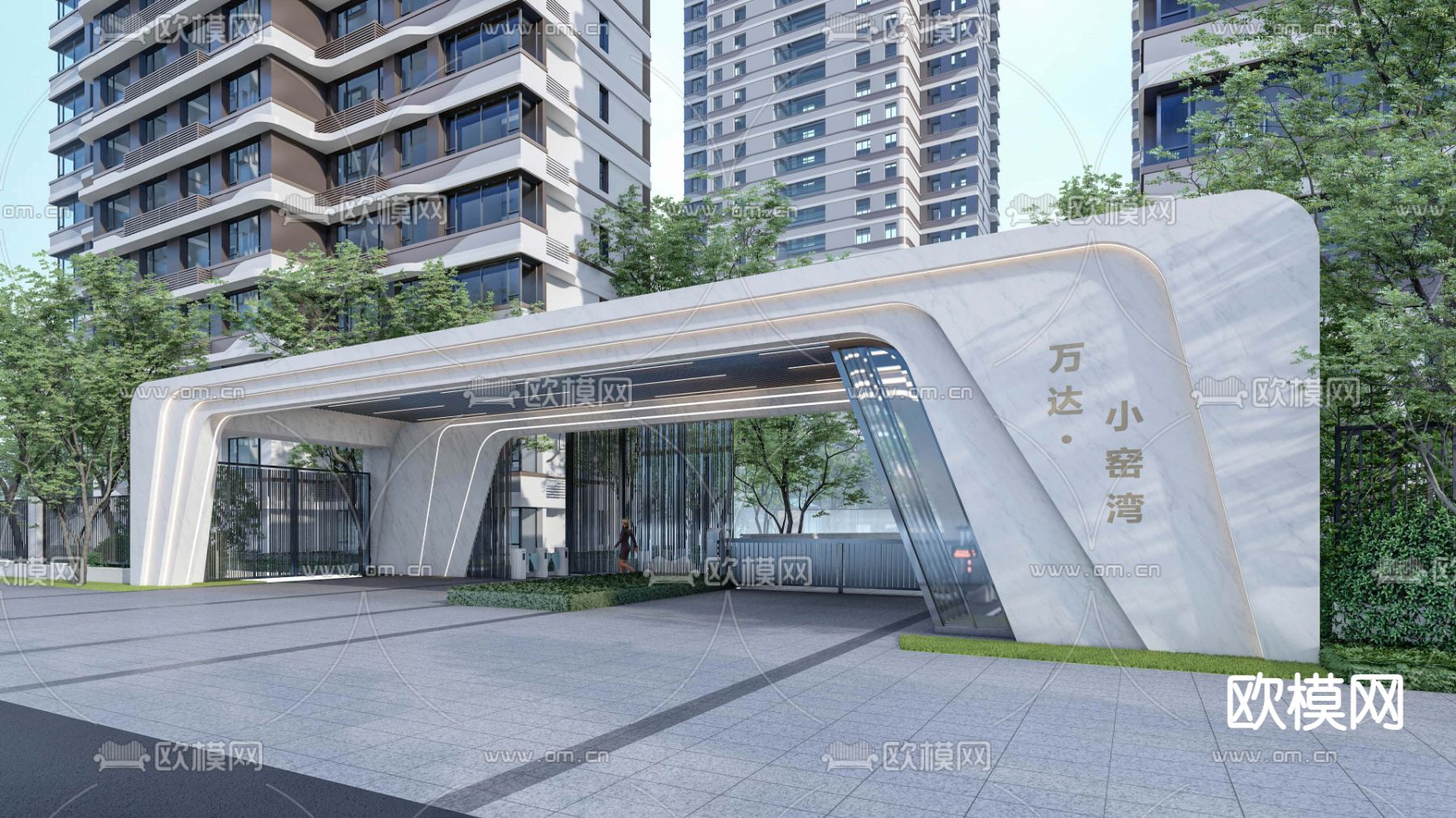 现代小区入口门楼su模型下载（渲染图3）