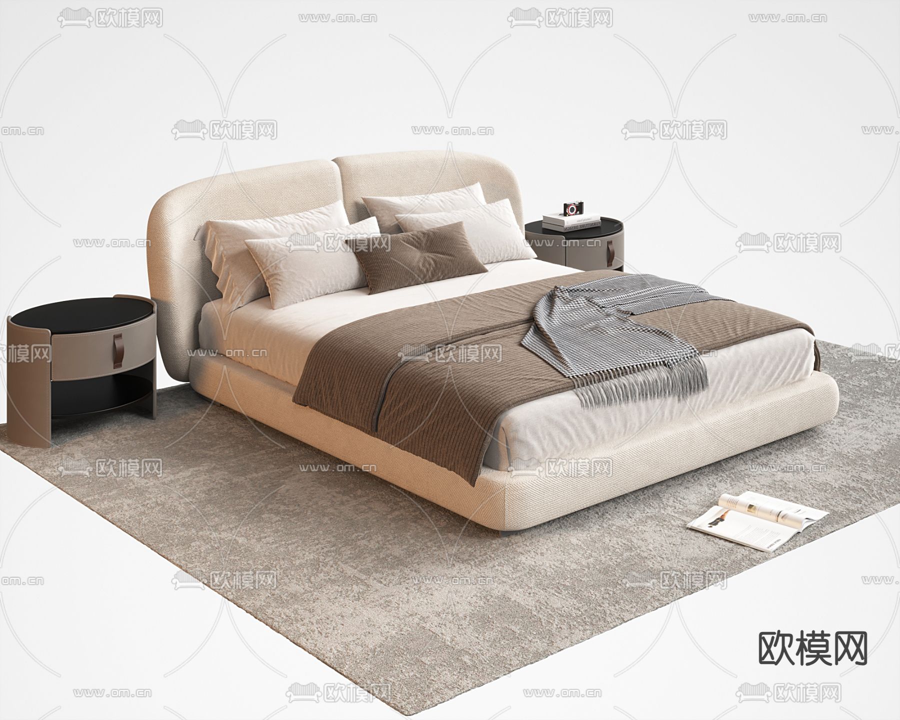 奶油风双人床3d模型下载