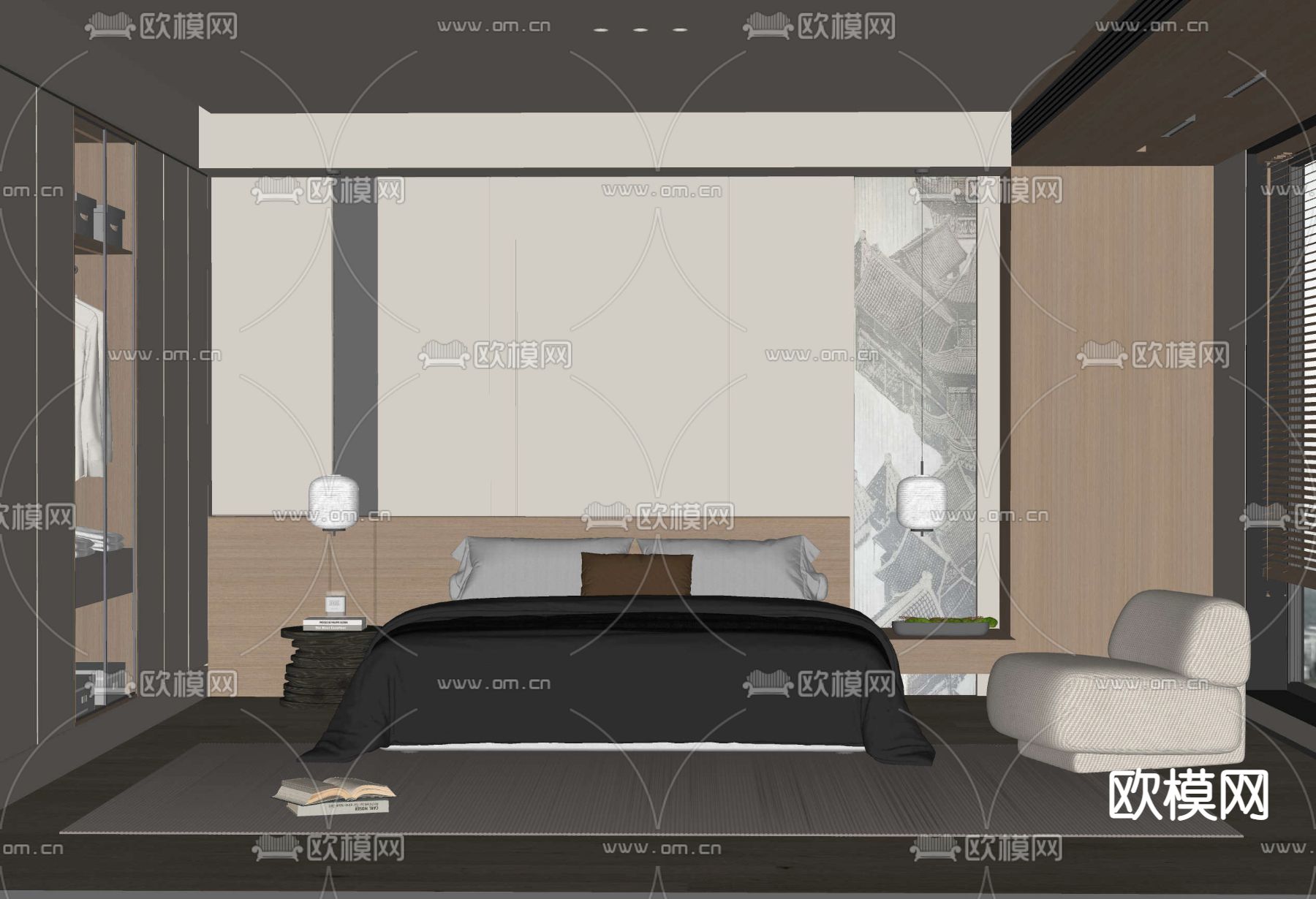 现代卧室su模型下载（渲染图2）