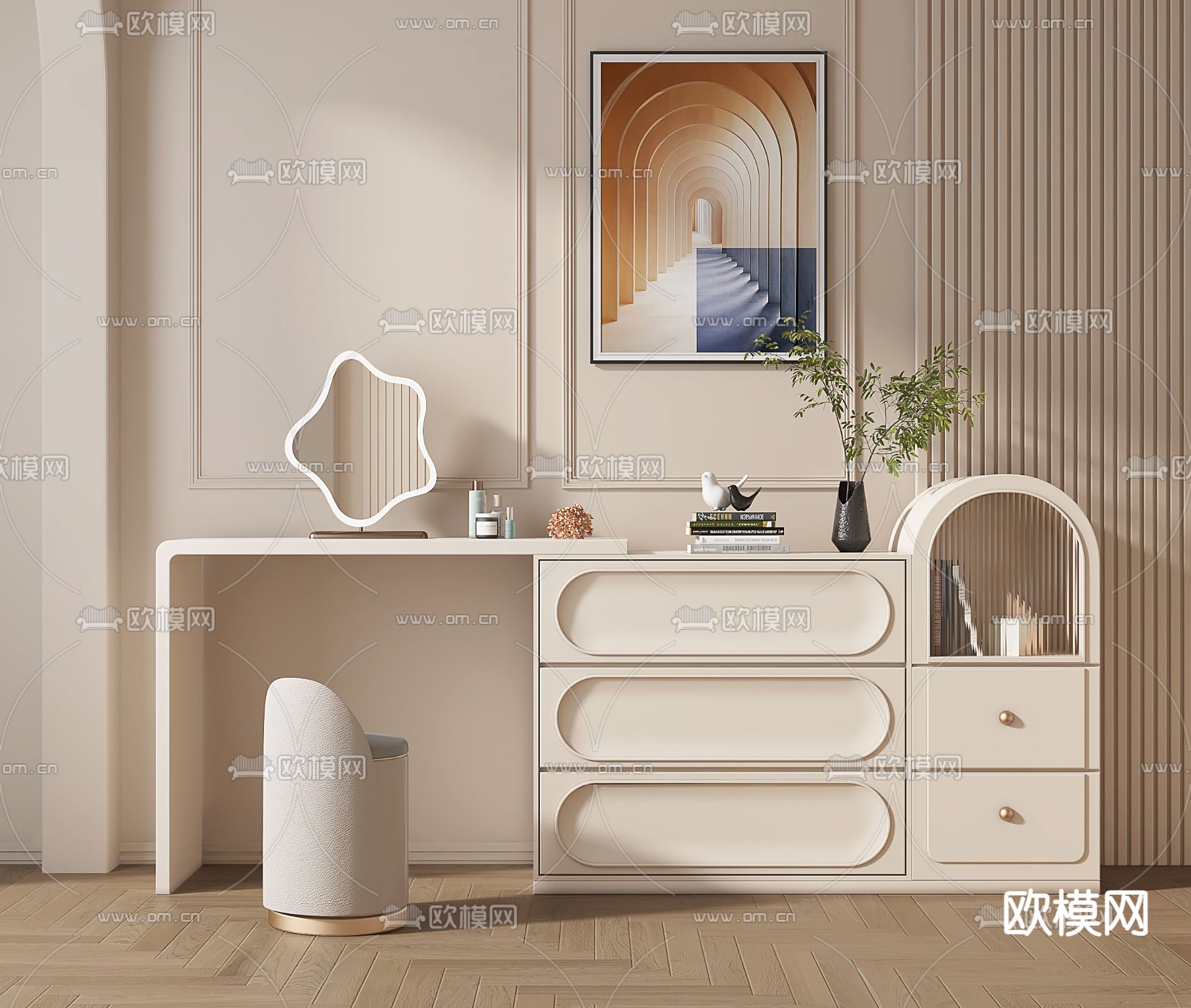 奶油风梳妆台3d模型下载