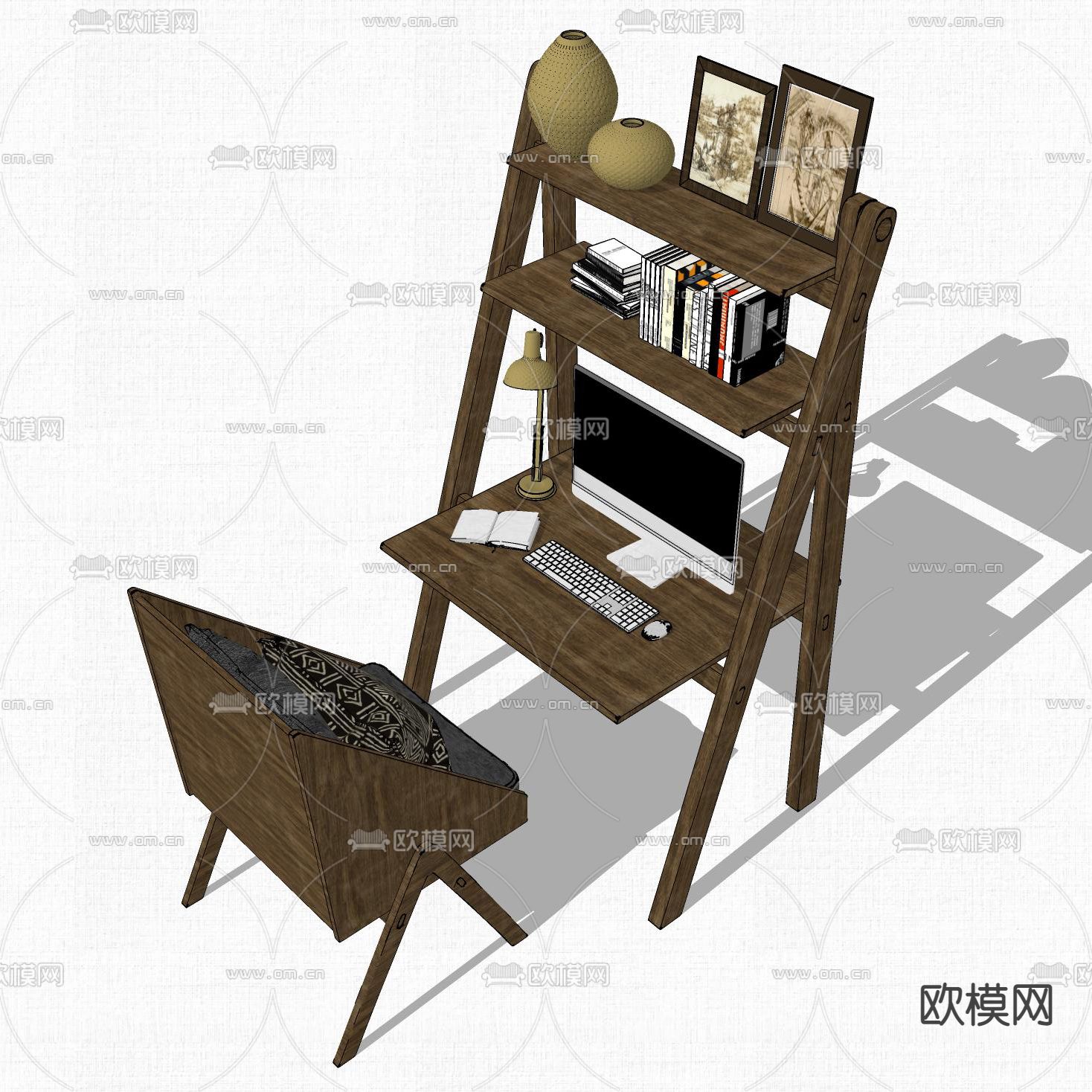 折叠书桌椅su模型下载（渲染图4）