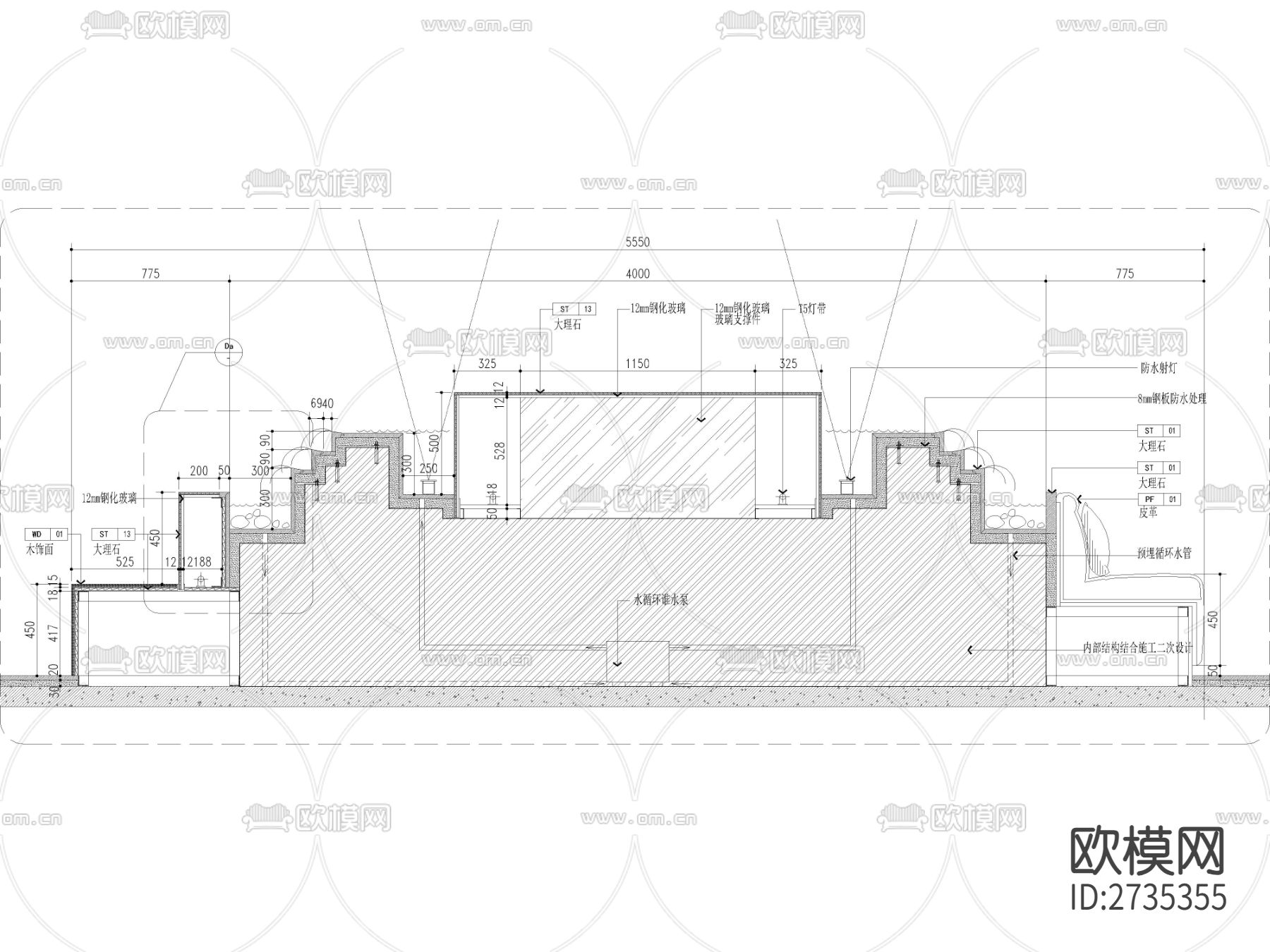 大堂水景石材与钢化玻璃cad节点大样图下载（渲染图3）