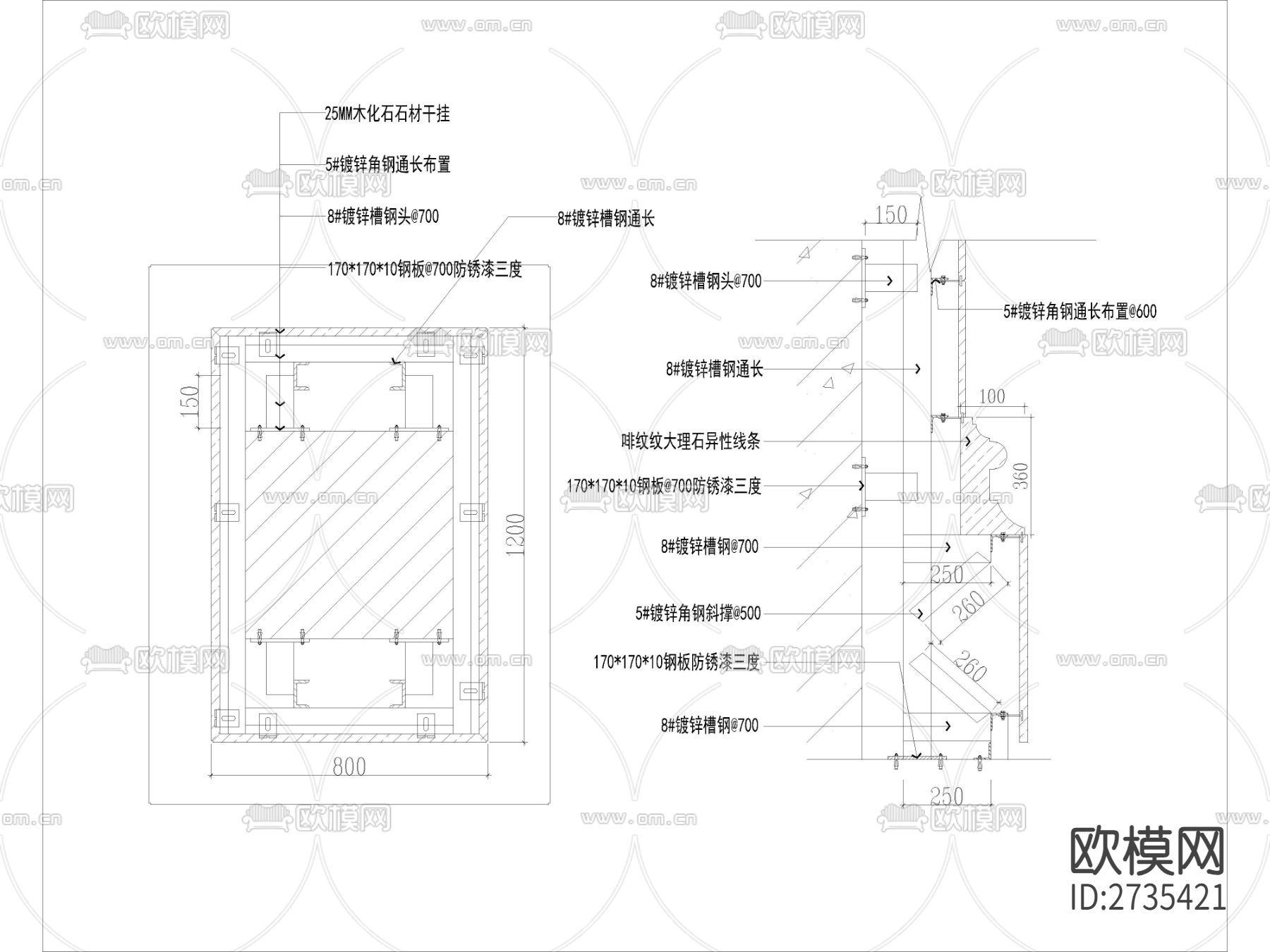 大理石方柱石材干挂cad节点大样图下载