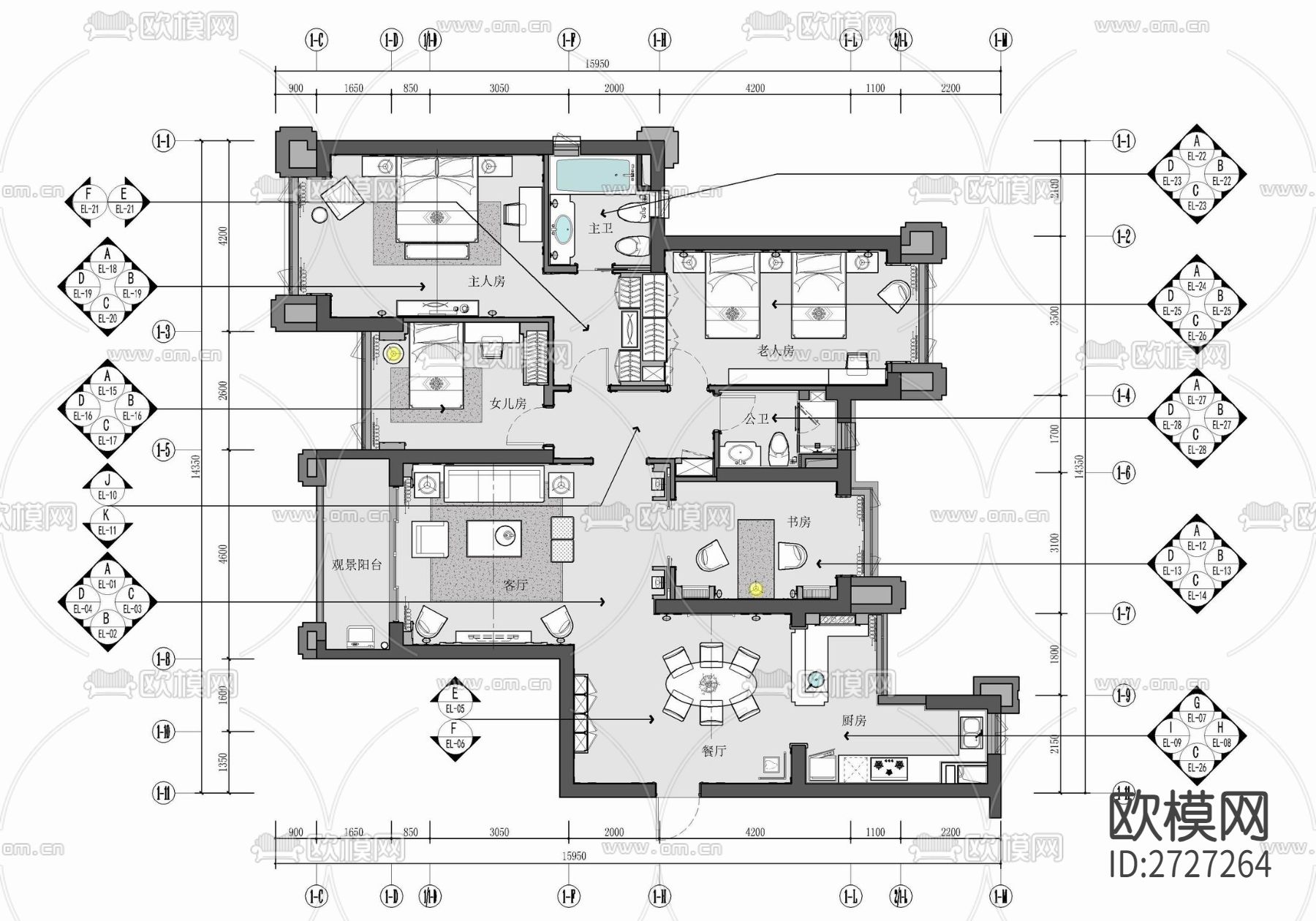 家装平层cad施工图下载（渲染图6）