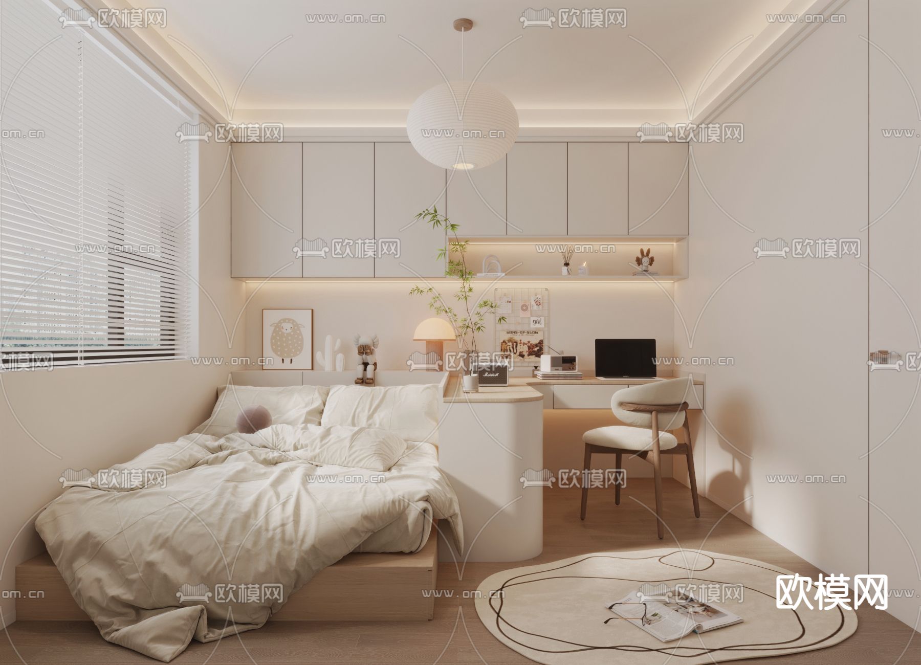 奶油风榻榻米卧室3d模型下载
