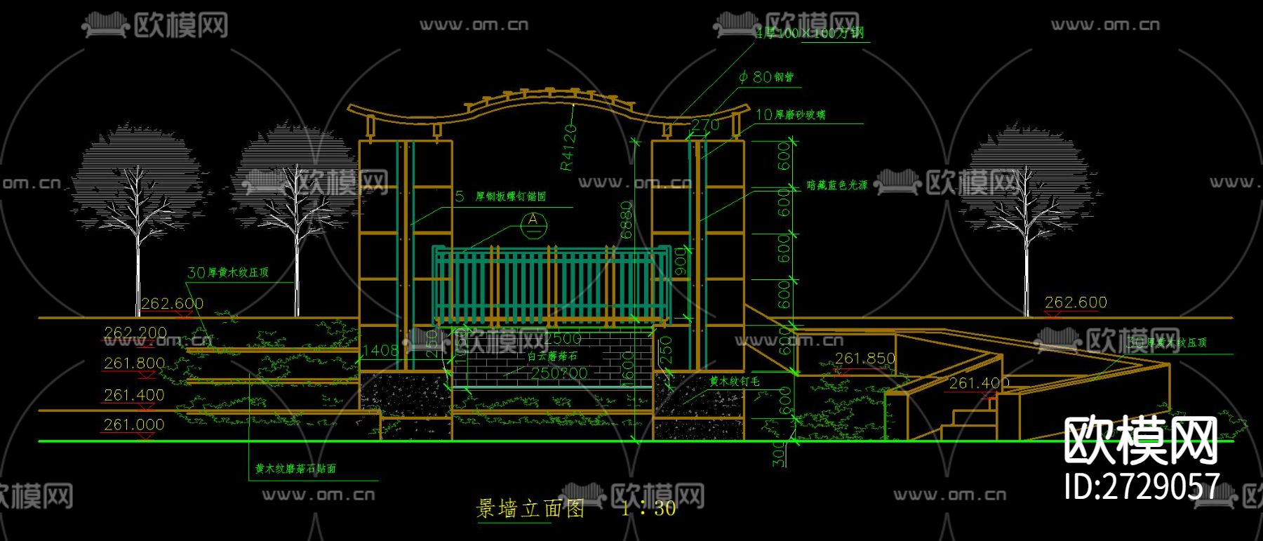 造型景墙cad施工图下载（渲染图1）