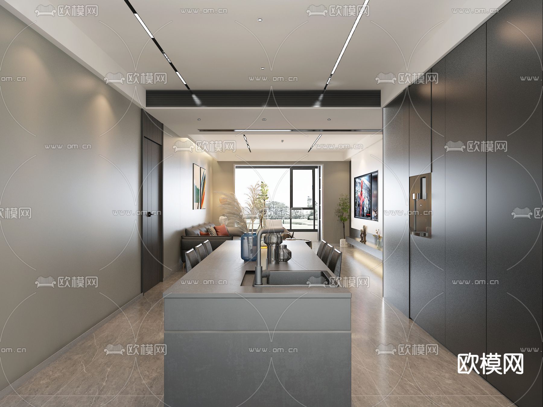 高级灰客厅免费3d模型下载（渲染图4）