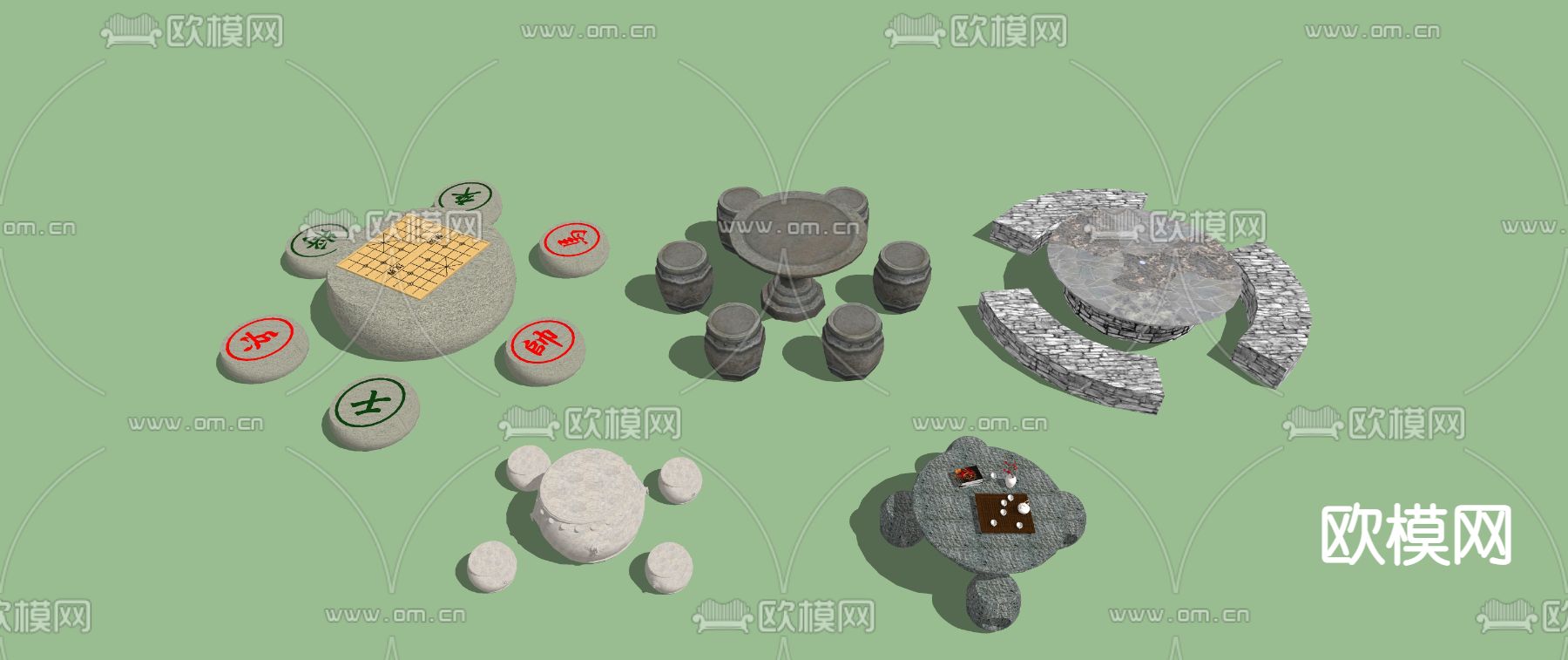 新中式石桌椅su模型下载（渲染图2）