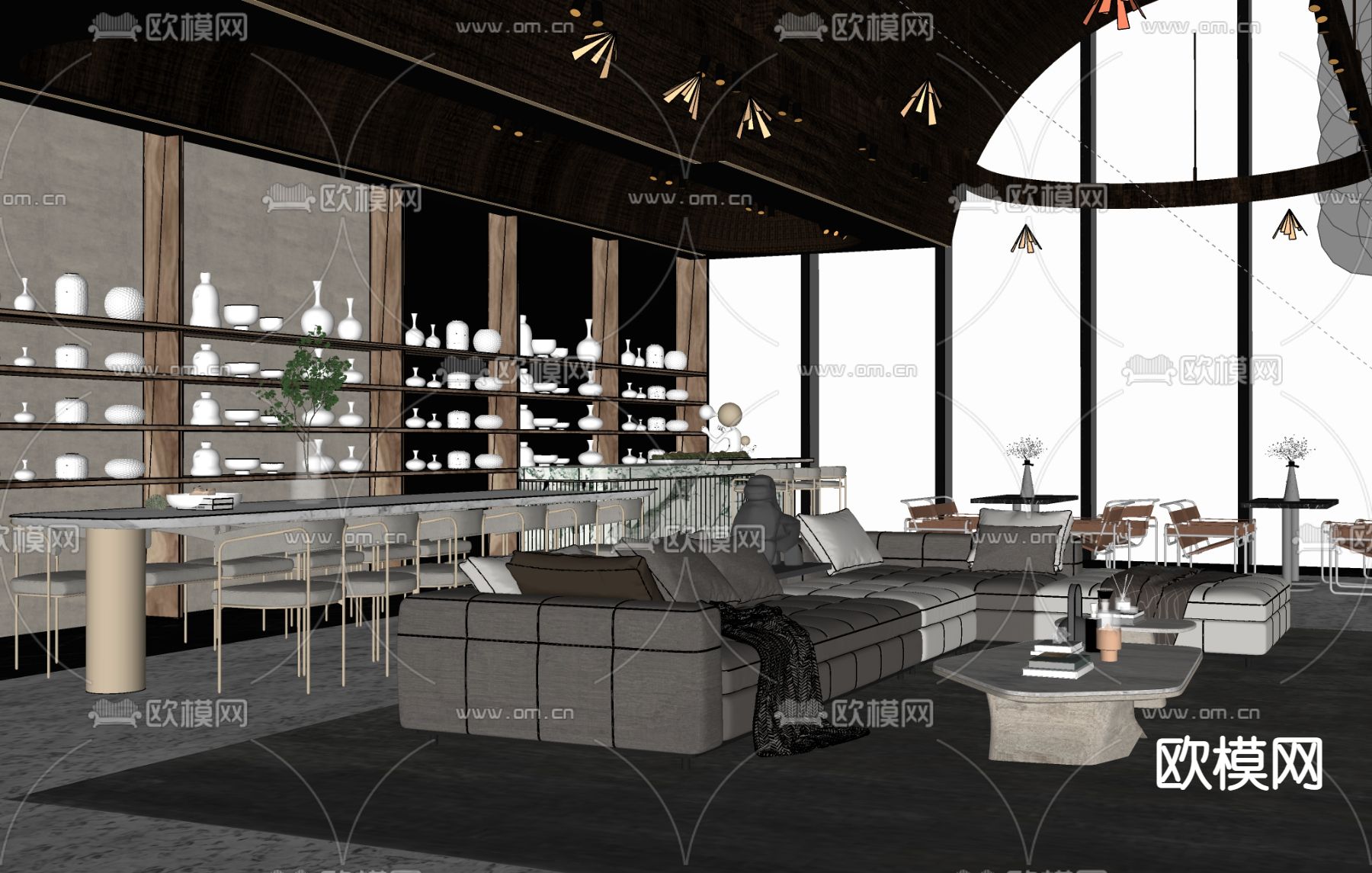 现代酒店大堂吧su模型下载（渲染图2）