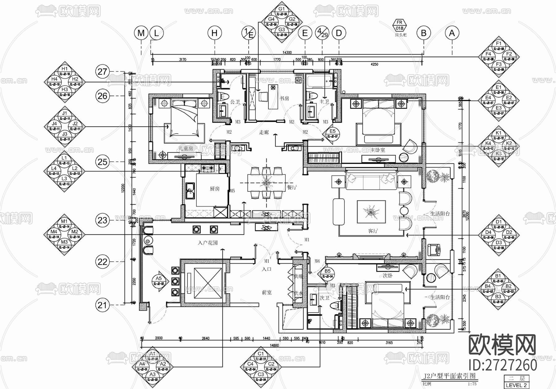家装平层cad施工图下载（渲染图1）