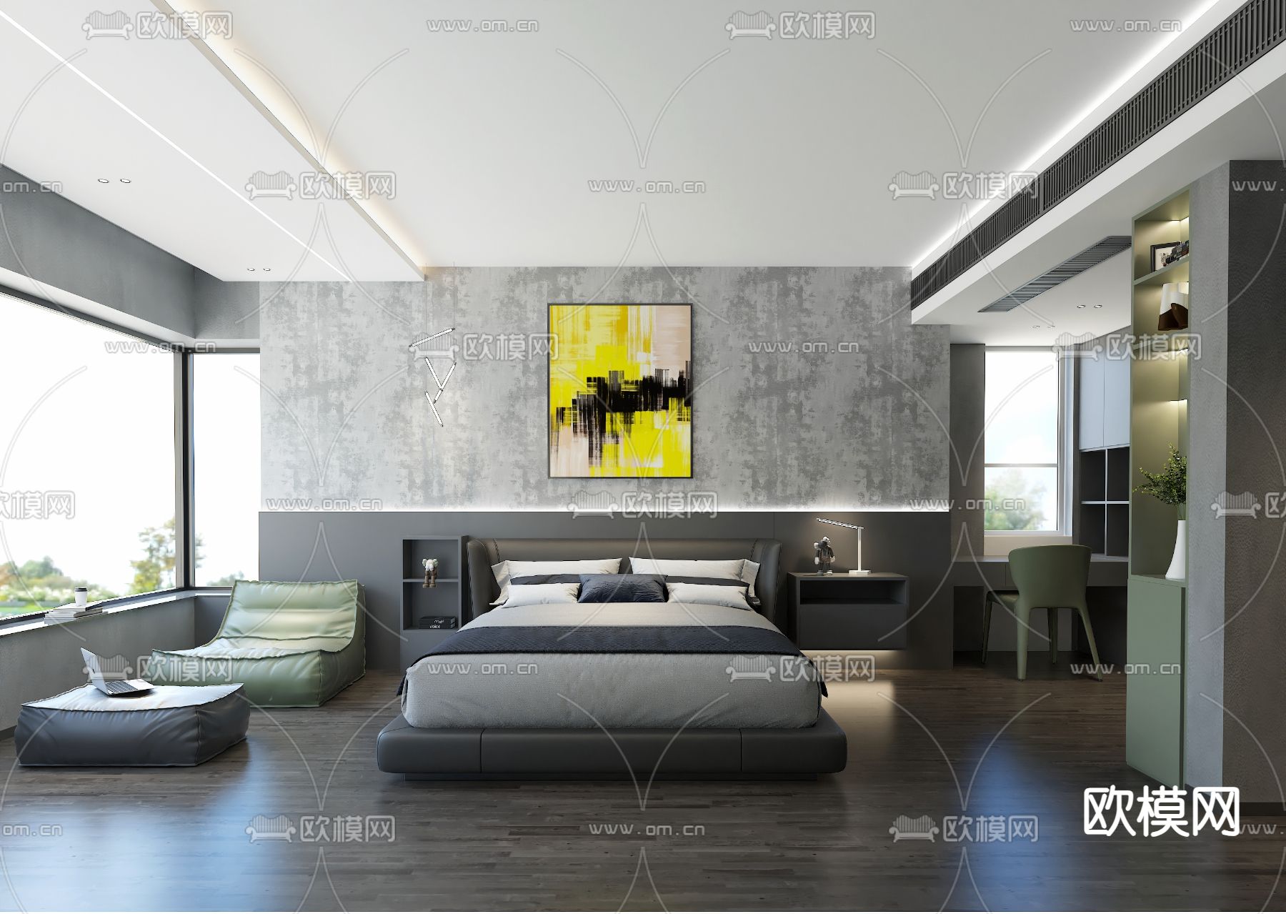 高级灰卧室免费3d模型下载（渲染图1）