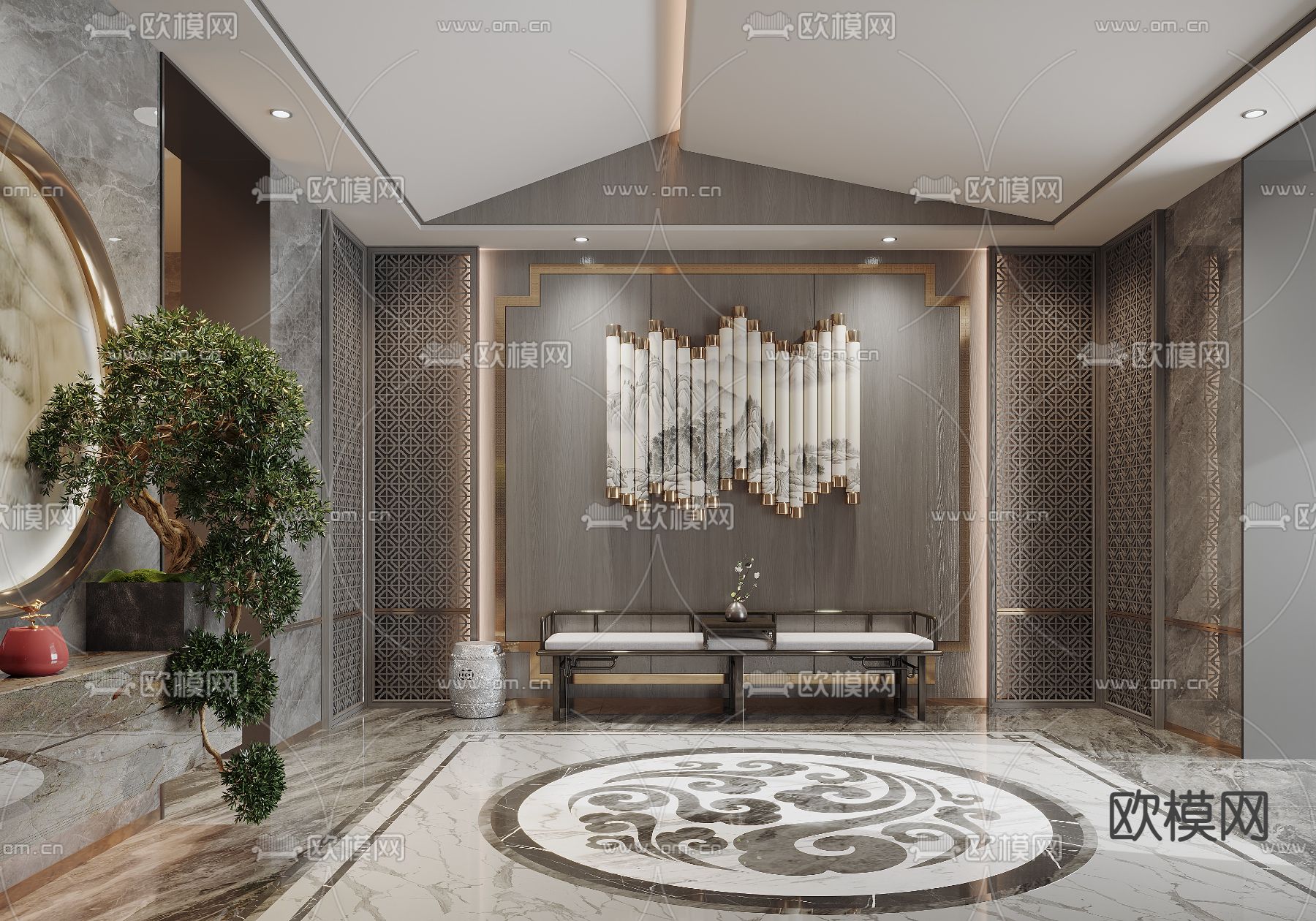 新中式玄关 门厅 过道3d模型下载（渲染图1）