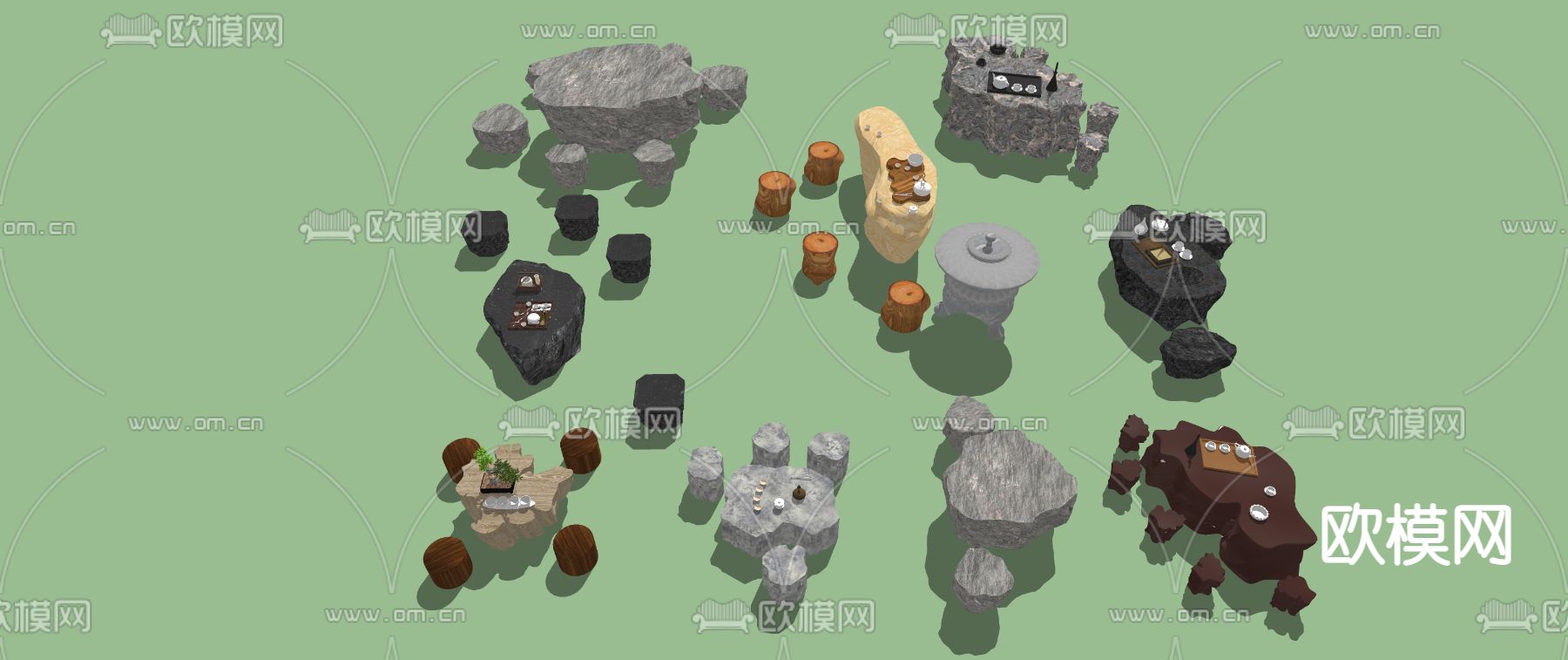 新中式石桌椅su模型下载（渲染图2）