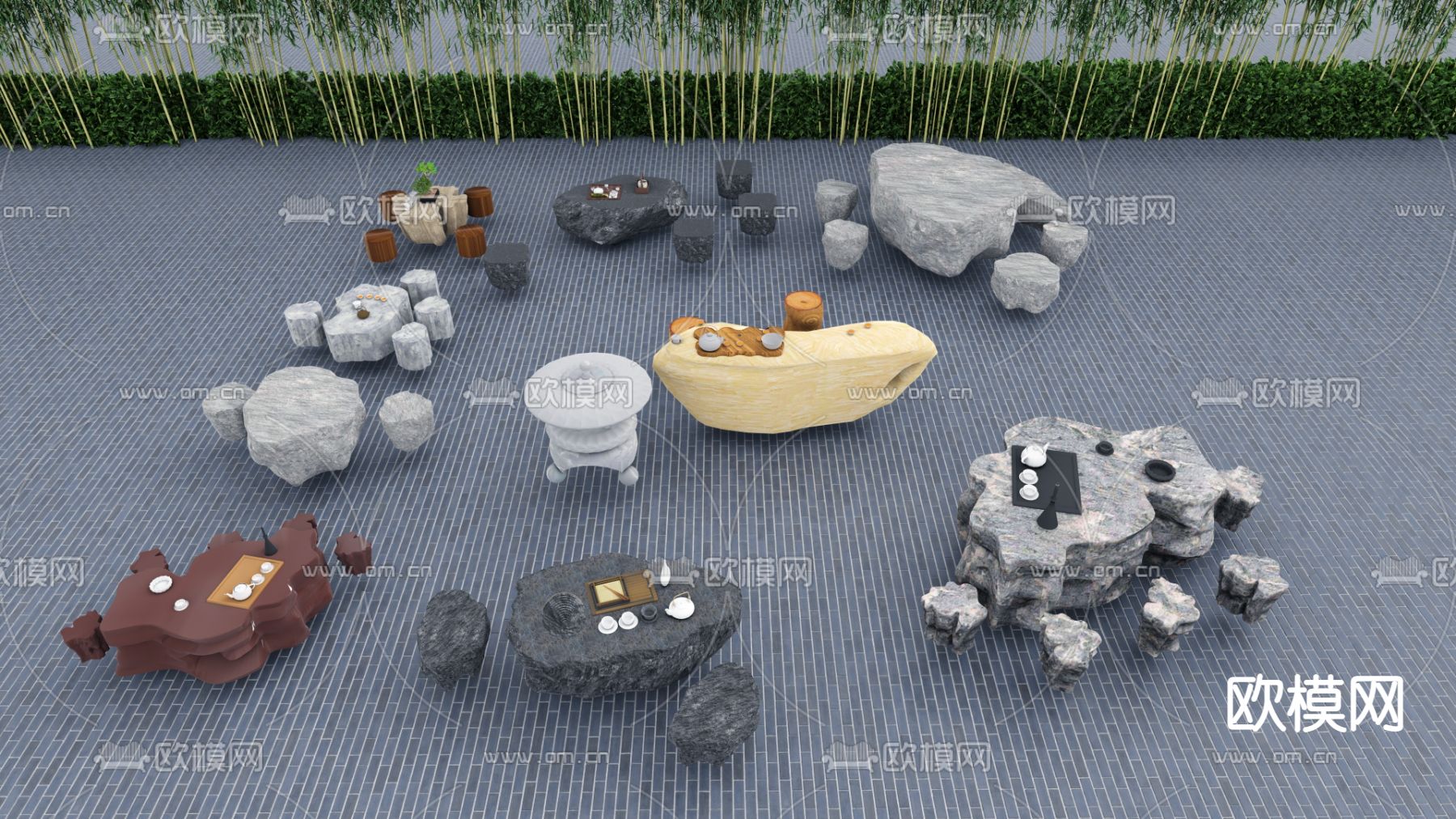 新中式石桌椅su模型下载（渲染图1）