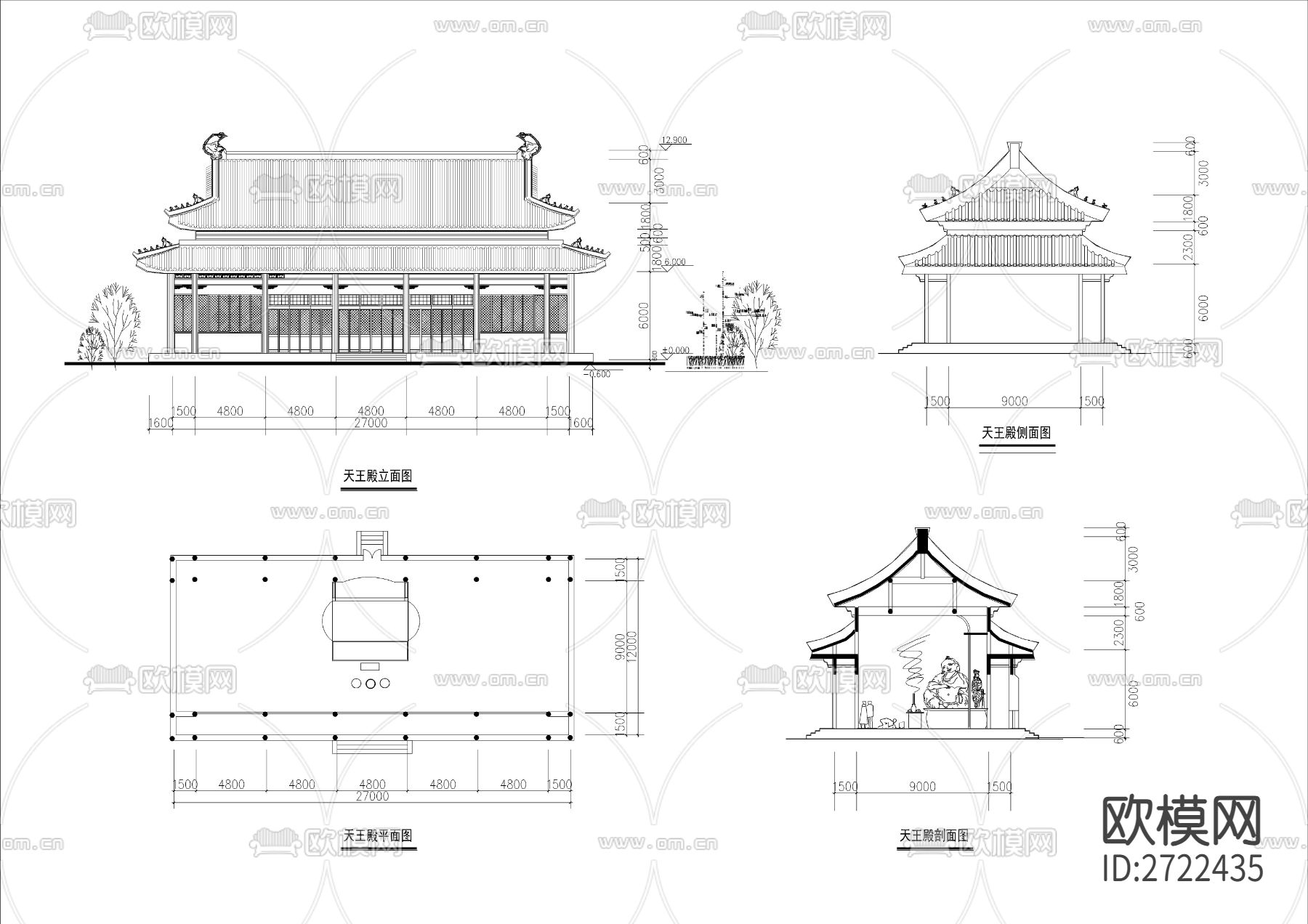 寺庙天王殿建筑cad施工图下载（渲染图1）